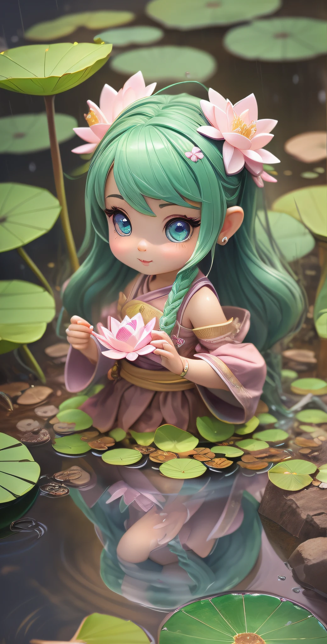 Super cute girl, holding a lotus leaf, light rain, pond, super cute girl IP by pop mart, pastel color, mockup, blind box toy, fine luster, clean background, 3D render, oc render, best quality, 4k, ultra detoiled