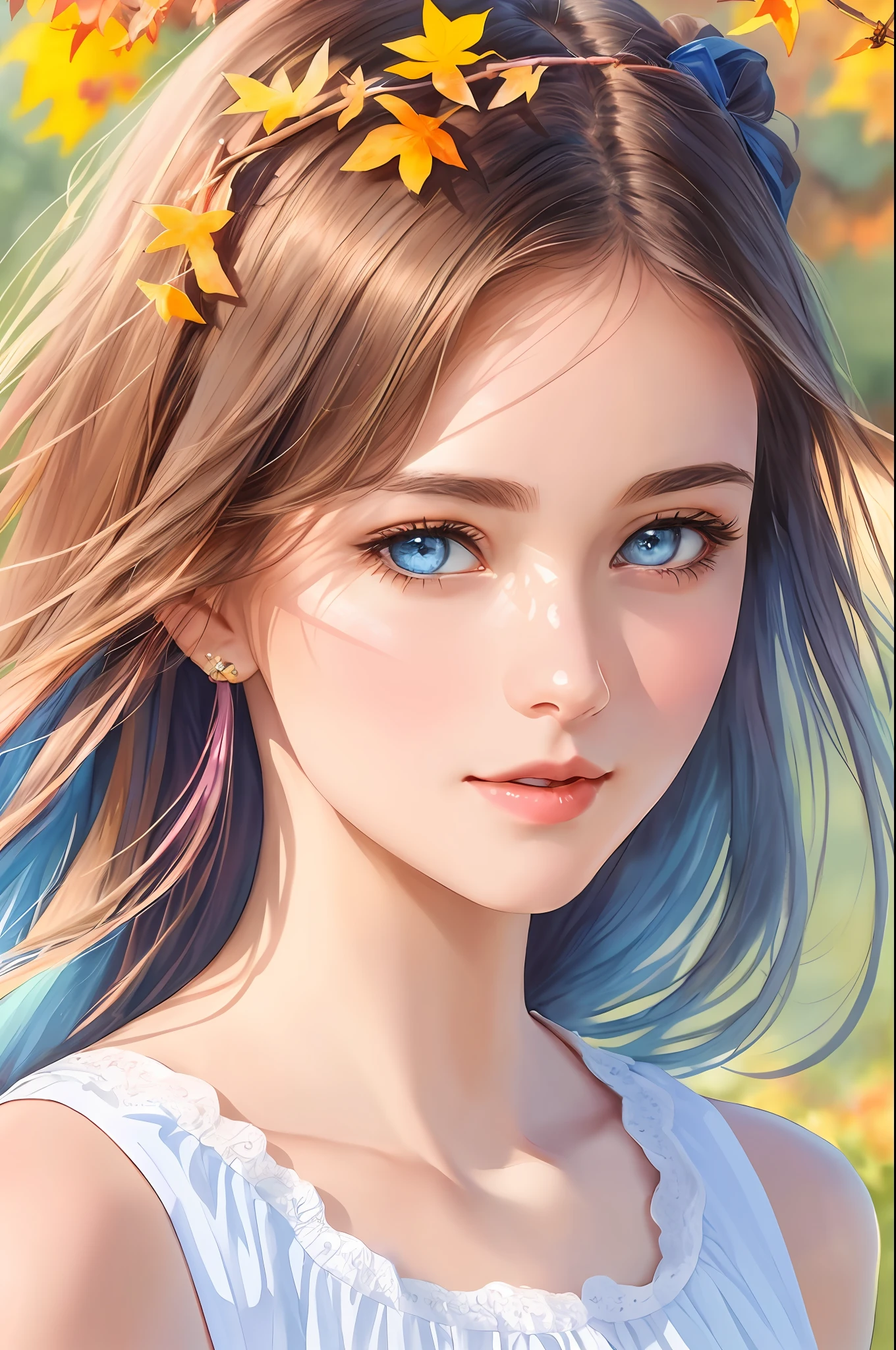(8K, Best Quality, Masterpiece: 1.2), (Best Quality: 1.0), (Ultra High Definition: 1.0), Watercolor, Beautiful Woman, Shining Eyes, Shoulders, Hair Ribbon, Agnes Cecil, Half-Body Portrait, Very Bright Bright Design, Pastel Colors, (Ink: 1.3), Autumn Light,