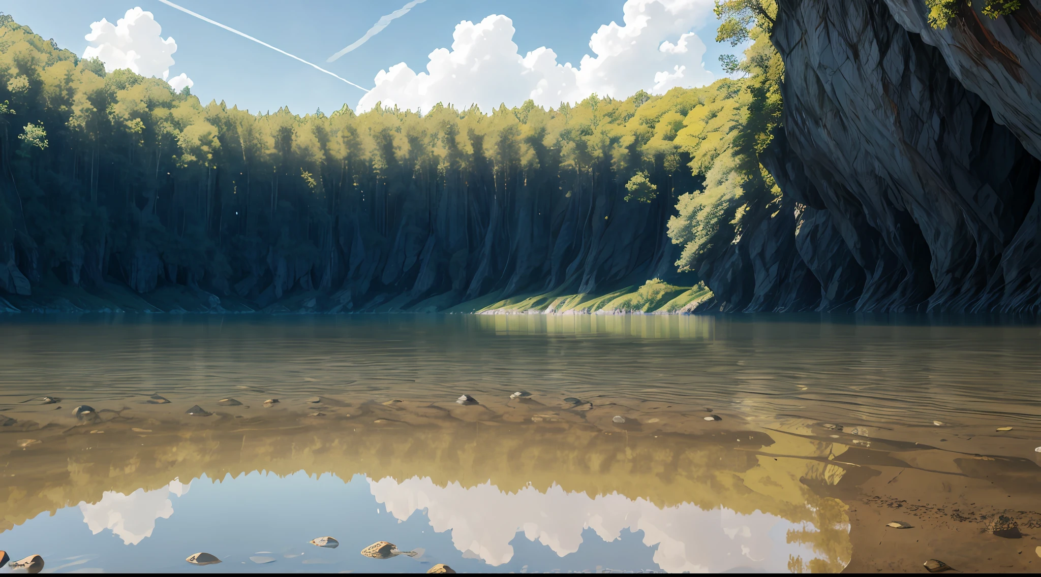 no humans, scenery, vanishing point, from below, masterpiece, best quality, 8k, absurdres, water surface, summer, noon, sunlight, blue sky, perspective, depth of field, highres, finely detail, ultra-detailed, sharp focus