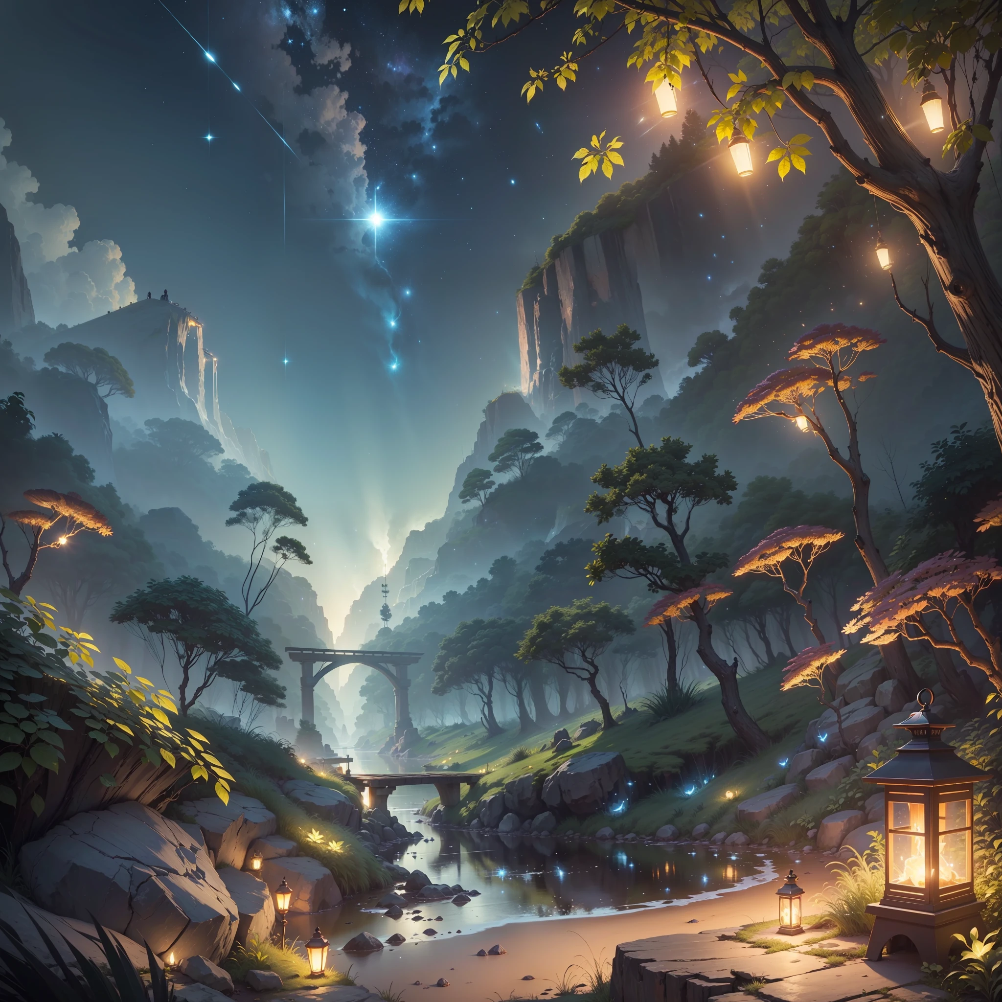 Masterpiece, best quality, (very detailed CG unified 8k wallpaper), (best quality), (best illustration), (best shadow), monkey d Luffy with his active transformation gear 5 with a bright sky, starry night on a rocky island, natural elements . mysterious night, beautiful sky, nature, surrounded by stars, delicate and branches surrounded by fireflies (natural elements), (jungle theme), (leaves), (branches), (fireflies), (particle effects) and other 3D, Octane rendering, ray tracing, super detailed, deer --auto --v6 --s2