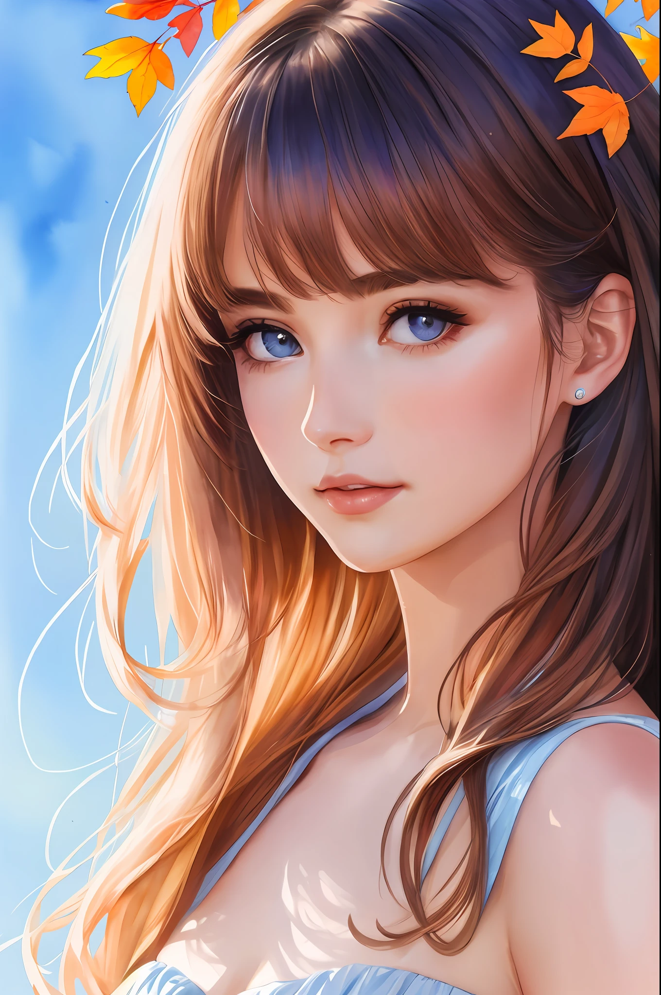 (8K, Best Quality, Masterpiece: 1.2), (Best Quality: 1.0), (Ultra High Definition: 1.0), Watercolor, Beautiful Woman, Shining Eyes, Shoulders, Hair Ribbon, Agnes Cecil, Half-Body Portrait, Very Bright Bright Design, Pastel Colors, (Ink: 1.3), Autumn Light,