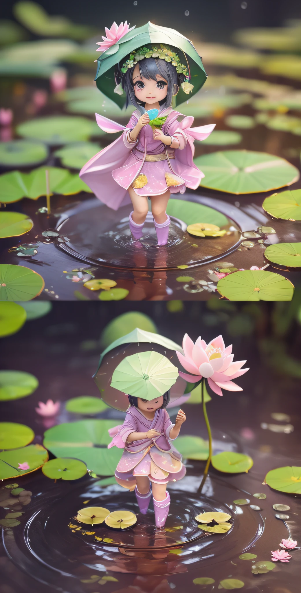 Super cute girl, holding a lotus leaf, light rain, pond, super cute girl IP by pop mart, pastel color, mockup, blind box toy, fine luster, clean background, 3D render, oc render, best quality, 4k, ultra detoiled