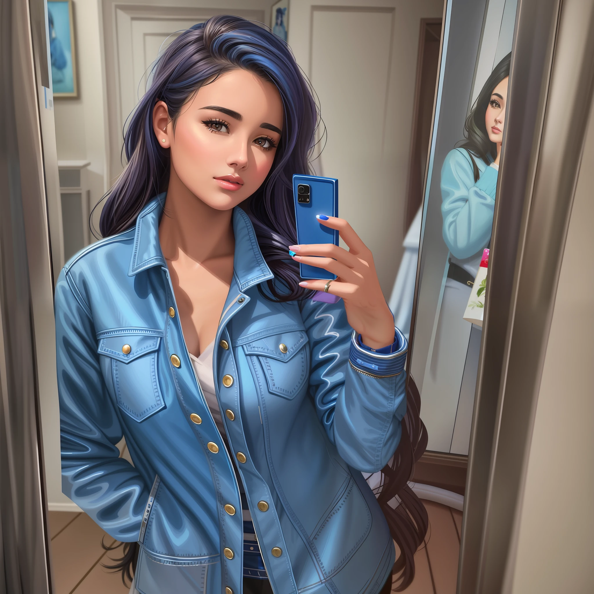 araffe woman in a blue jacket taking a selfie in a mirror, realistic cute girl painting, realistic artstyle, realistic digital illustration, digital painting highly detailed, in style of digital illustration, in the art style of bowater, portrait of demi rose, realistic art style, realistic digital painting, madison beer girl portrait, hyperrealistic teen, cartoon digital painting