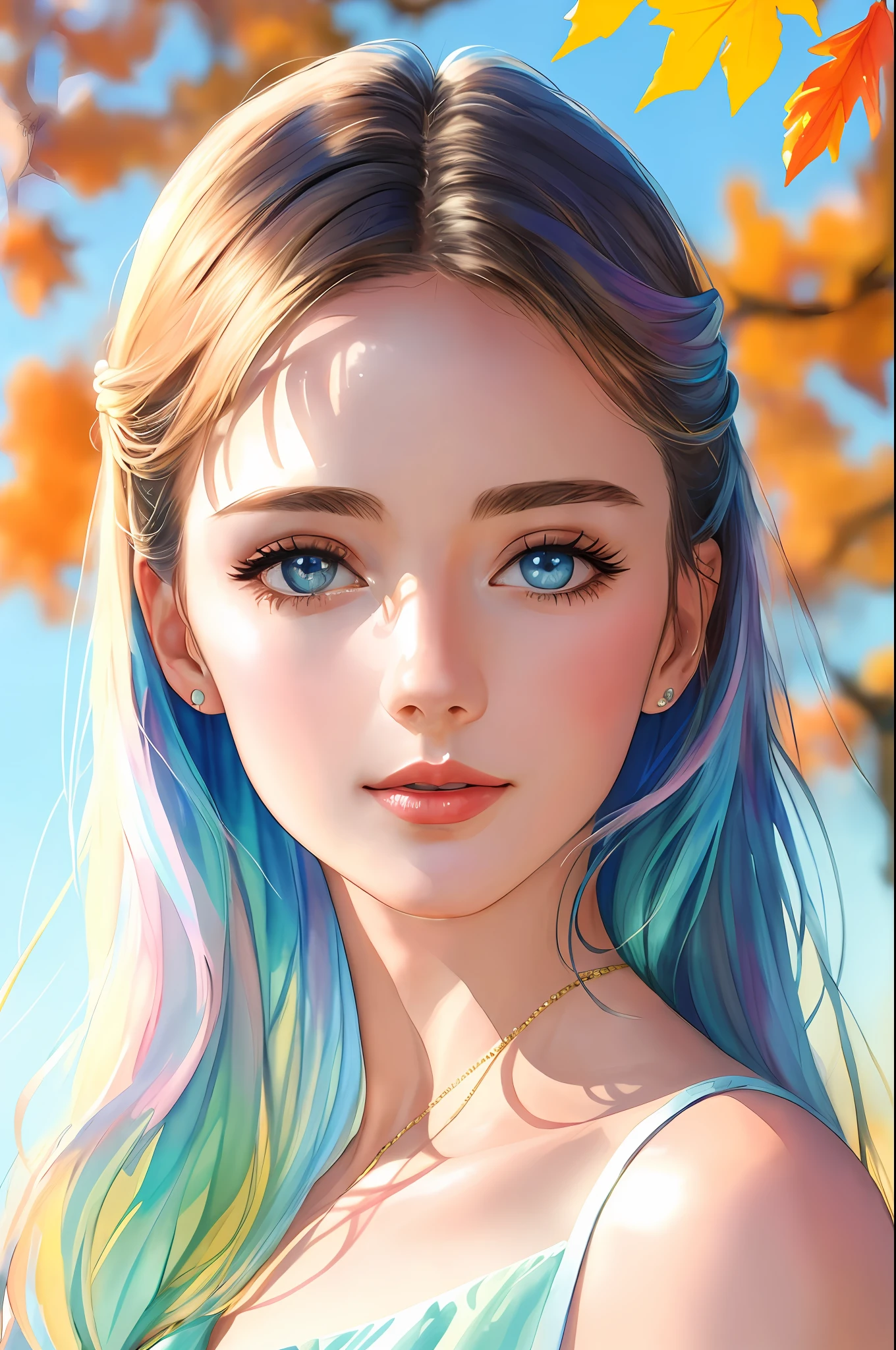(8K, Best Quality, Masterpiece: 1.2), (Best Quality: 1.0), (Ultra High Definition: 1.0), Watercolor, Beautiful Woman, Shining Eyes, Shoulders, Hair Ribbon, Agnes Cecil, Half-Body Portrait, Very Bright Bright Design, Pastel Colors, (Ink: 1.3), Autumn Light,