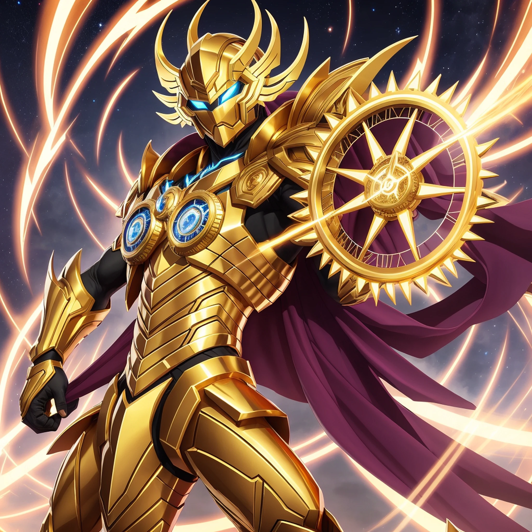 The Ultra Super Gold Chronos XI represents the maximum evolution of the Chronos X, surpassing all previous limits. In this form, the Stand acquires an even grander and more imposing appearance, radiating an aura of power and invincibility.

His body is bathed in an intense golden glow, emanating a dazzling light that dazzles the eyes of observers. Every detail of his armor glows in a radiant golden hue, demonstrating his impenetrable fortitude.

The Ultra Super Gold Chronos XI's ability to manipulate time is taken to the extreme, allowing it to control not only the past and present, but also the future. His presence transcends the notion of temporality, bringing with it a sense of eternity and absolute dominance over all timelines.

The energy emanating from their eyes is even more intense, radiating golden rays that represent their supremacy over time and the infinite protection granted to the wearer. His powers are unparalleled, capable of altering the course of events and shaping reality according to his will.

In this form, the Ultra Super Gold Chronos XI becomes invincible, overcoming all the challenges and opponents that come its way. His status as the sixth version and the latest evolution of Chronos X gives him a position of unparalleled power, establishing him as a dominant force to be feared. --auto --s2
