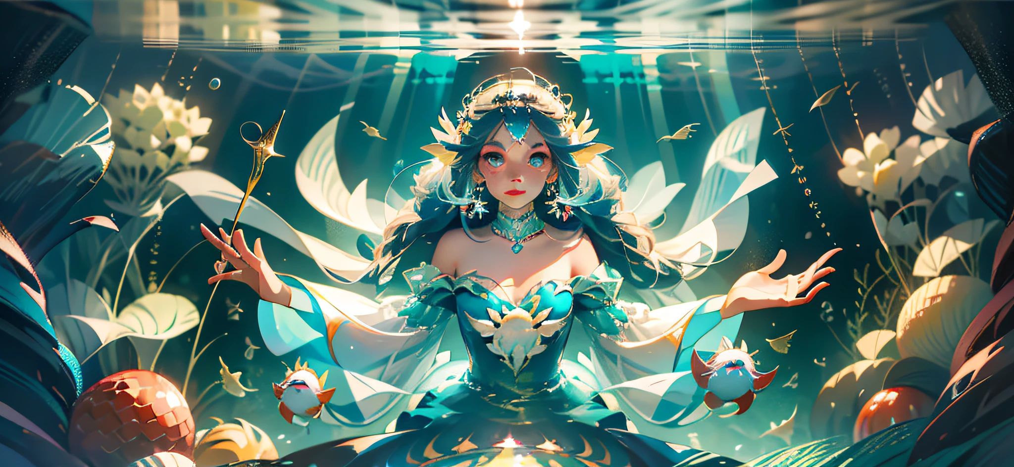Mermaid girl, center C singing, underwater world in background, round stage, blue hair, fish hair ornaments, solid round eyes, multicolored eyes, crystal earrings, pointed ears, sadness, anime, symmetry, full body lens, projection illustration, fisheye, perspective, wide angle lens, high detail, UHD --auto --s2