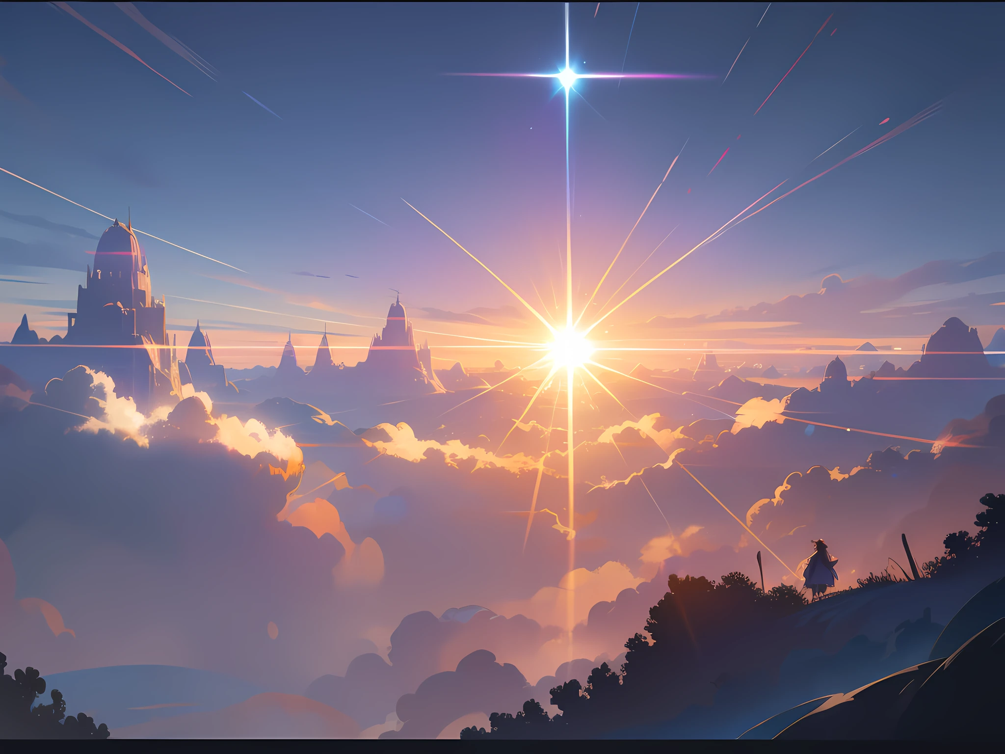 Exquisite views, fantasy, breathtaking, 8K, prairie, anime, cinematic lighting, lens flare, masterpiece, high details, high quality, best quality