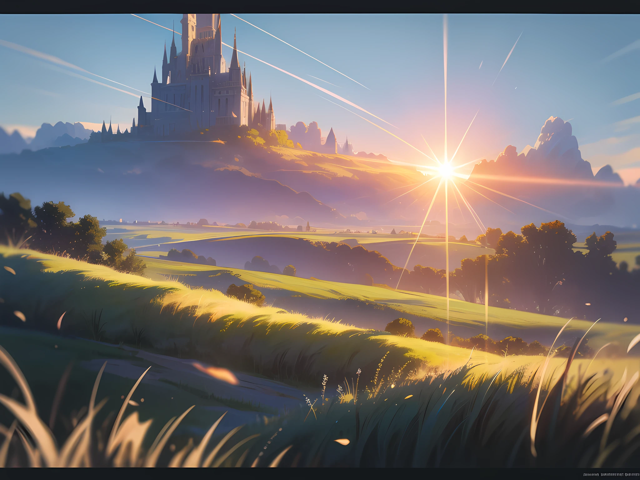 Exquisite views, fantasy, breathtaking, 8K, prairie, anime, cinematic lighting, lens flare, masterpiece, high details, high quality, best quality
