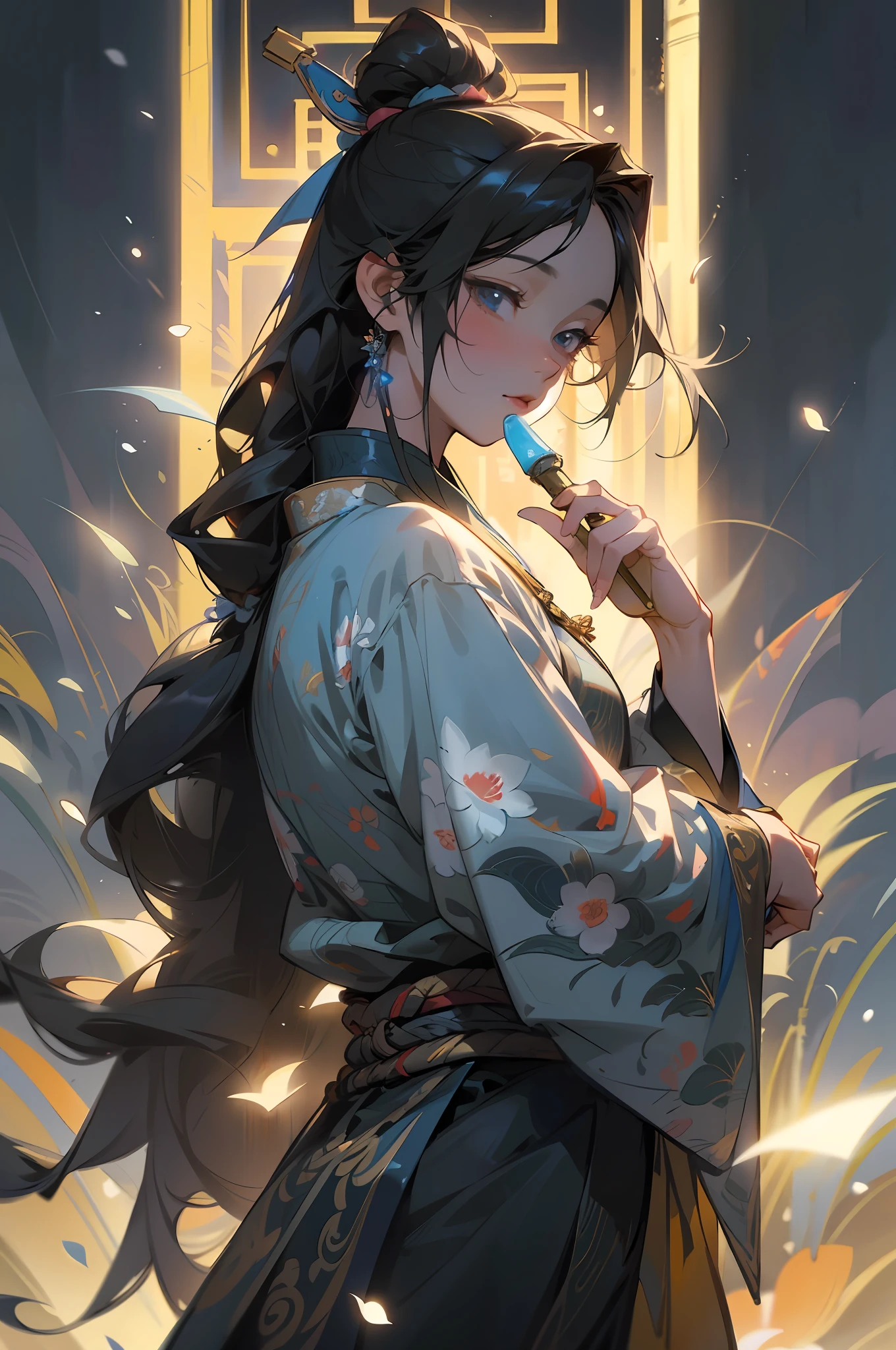 Masterpiece, high quality, highly detailed, (pixiv:1.4), Gongbi painting of the Song Dynasty, 1girl, solo, (detailed background, flowers), long black hair, floating hair, glowing,
cinematic lighting, vivid color, beautifully drawn,