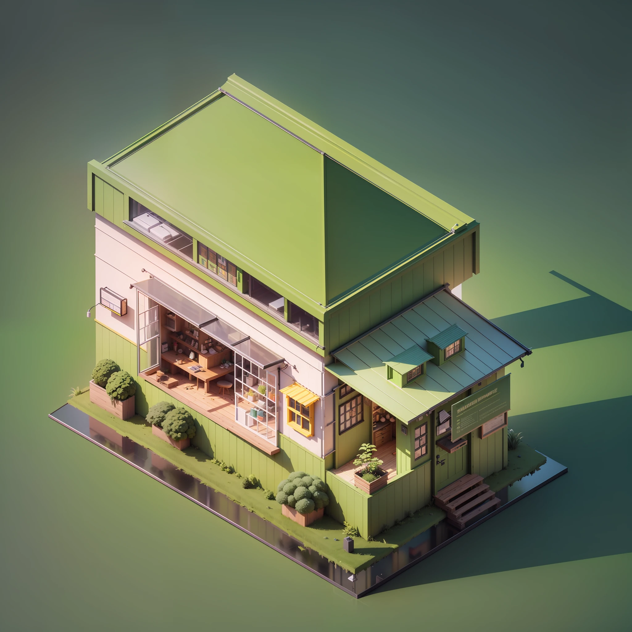 isometric house, (3D isometric), masterpiece, (extremely detailed CG unit 8k wallpaper), (best quality), (best illustration), (best shade), moss green food truck, octane render, ray tracing, ultra detailed --auto --s2