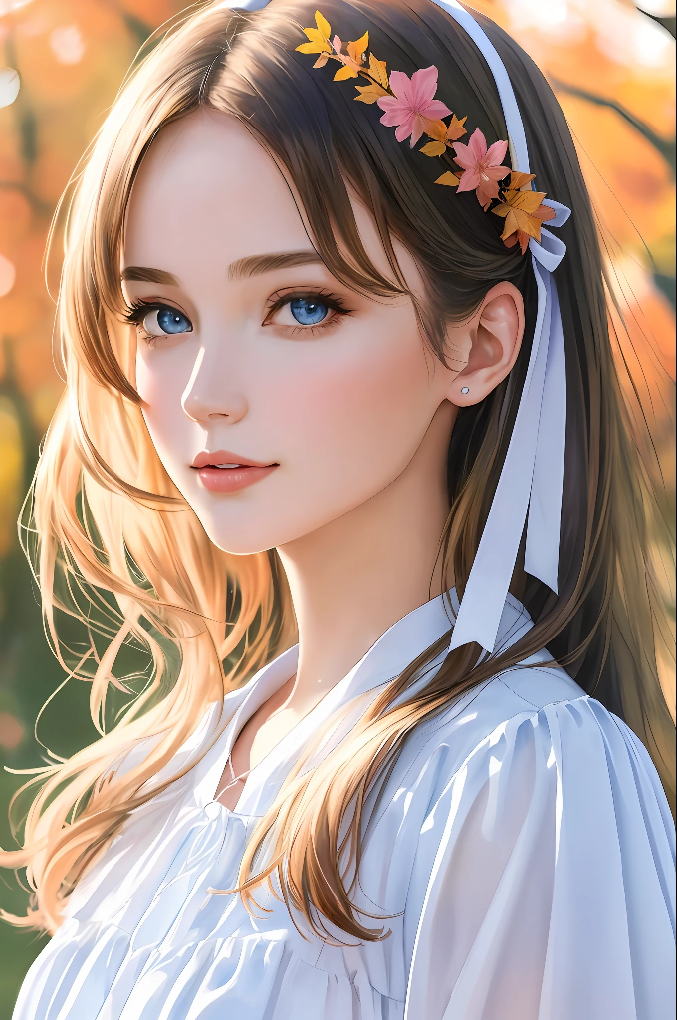 (8K, Best Quality, Masterpiece: 1.2), (Best Quality: 1.0), (Ultra High Definition: 1.0), Watercolor, Beautiful Woman, Shining Eyes, Shoulders, Hair Ribbon, Agnes Cecil, Half-Body Portrait, Very Bright Bright Design, Pastel Colors, (Ink: 1.3), Autumn Light,
