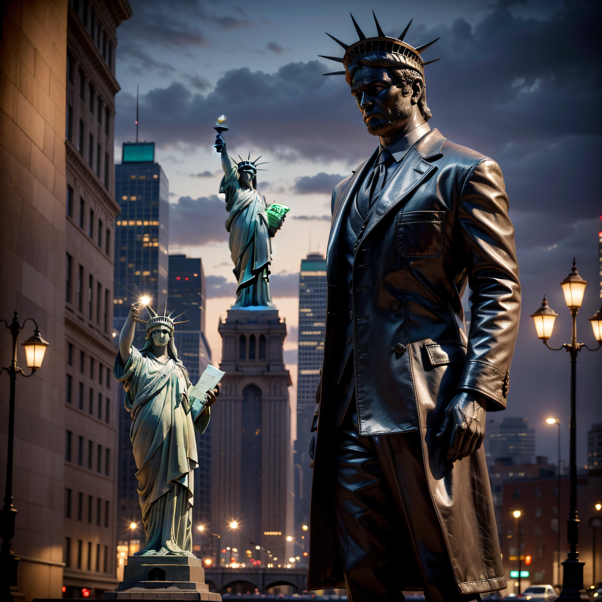 Man at the front of the scene with a confused face, hand on chin thoughtful, in front of the statue of liberty in the United States, sad face (dark and gloomy environment: 1.2) (masterpiece: 1.2) (photorealistic: 1.2) (bokeh) (best quality) (detailed skin:1.2) (intricate details) (Clutter-Home) (8k) (HDR) (cinematic lighting) (sharp focus), only a statue of freedom