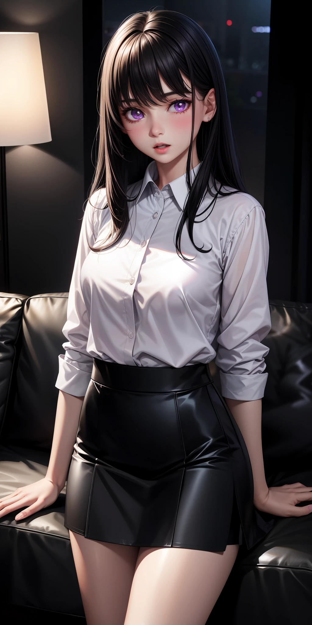 Realistic, 1girl, black hair, purple eyes, glowing eyes, white shirt, skirt, open mouth, blush, living room, sofa, night, very detailed