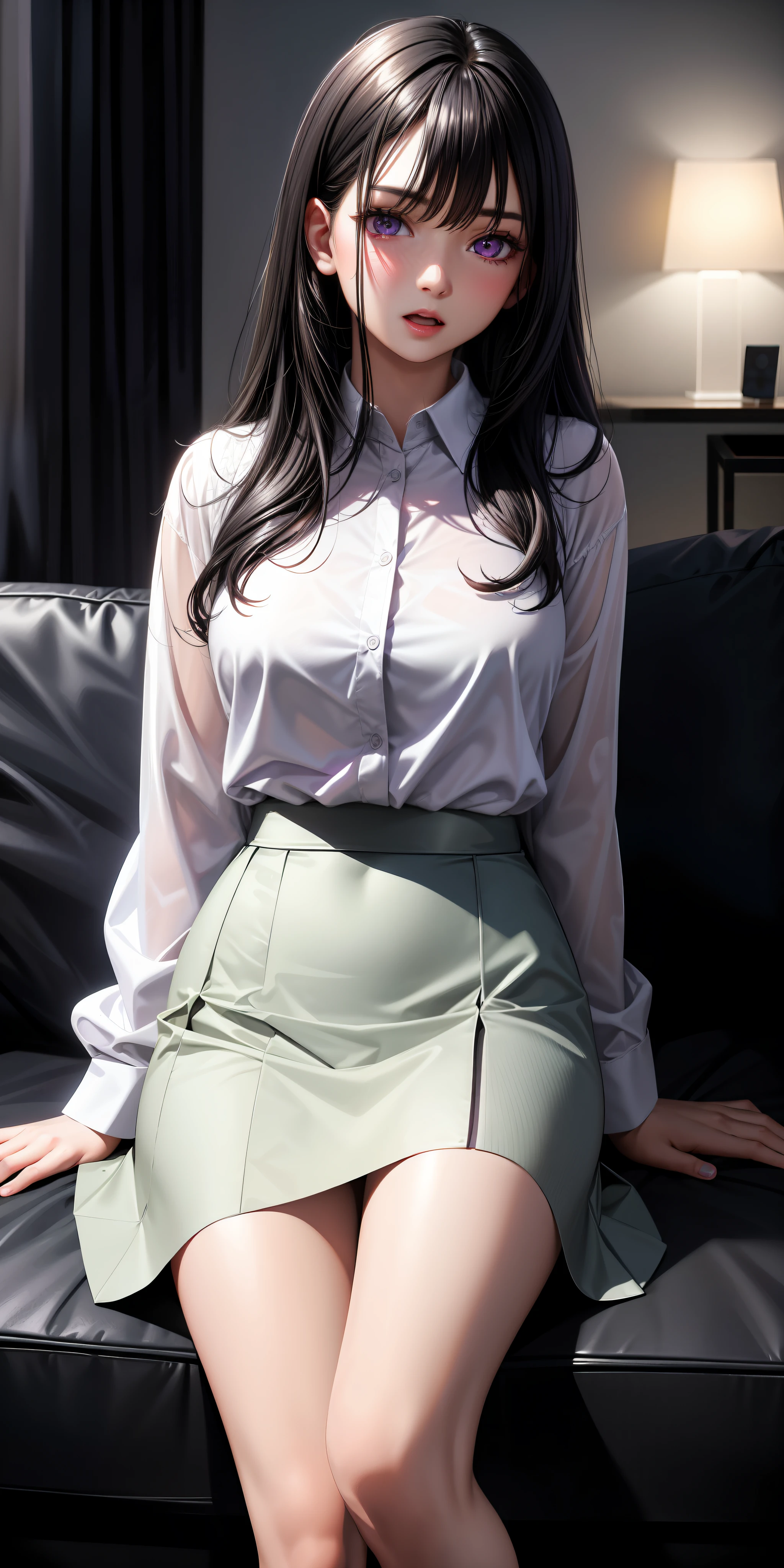 Realistic, 1girl, black hair, purple eyes, glowing eyes, white shirt, skirt, open mouth, blush, living room, sofa, night, very detailed