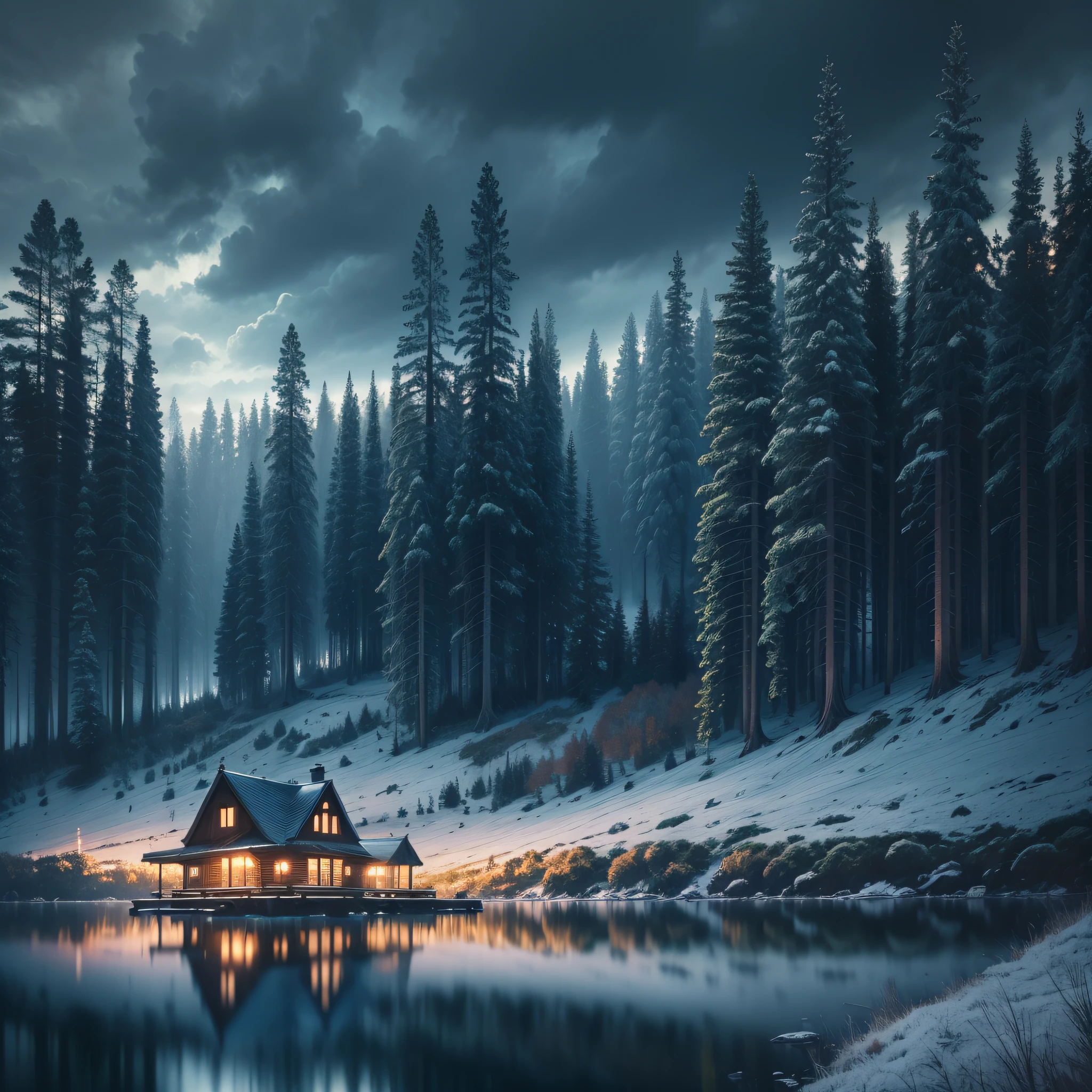 a Nordic forest,stormy scenery,mystic lake,landscape,there is a house near lake,mystical,fantasy,dark,night,high quality,resolution 1920x1080 --auto --s2