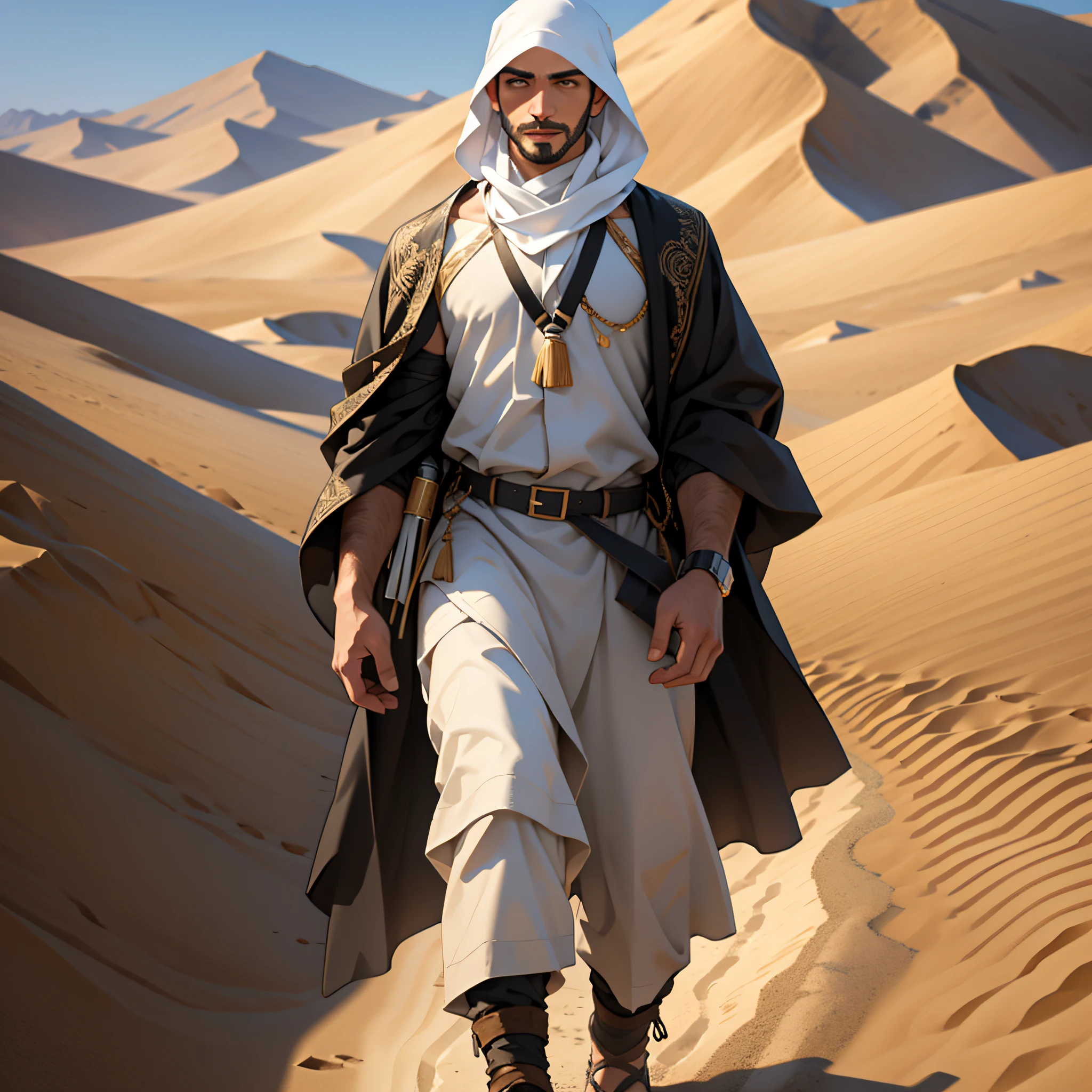 Create the face of an Arab man, young, ultra realistic, walking in the desert --auto --s2