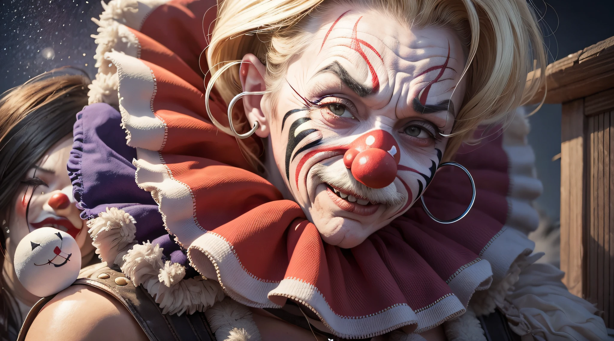 clown with red nose and white face and a stuffed animal, wearing accurate clown makeup, wearing bizarre clown makeup, portrait of circus artist, clown, closeup character portrait, wearing clown makeup, scary clown, intricate clown makeup, clown makeup, realistic clown makeup, cutecore clowncore, portrait death clown, creepy clown girl, clown face, real clown makeup, clown girl