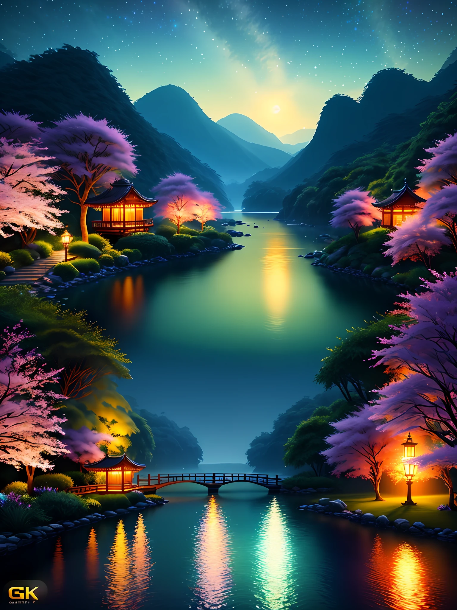 (at night), Masterpiece, best quality, (very detailed CG unified wallpaper 8k) (best quality), (best illustration), (best shadow) Vivid colors, jungle, water, natural beauty, oasis of tranquility, cherry blossoms, super detailed, antique porcelain, jade, starry sky, , ray tracing, super detailed, masterpiece, best quality, ultra quality, absurd details, best light, best shadow, sharp, sharp picture,  detailed, extremely detailed, high resolution, 8k, 4k, uhd, volumetric, bright sprite, (particle effects), (night) --v6