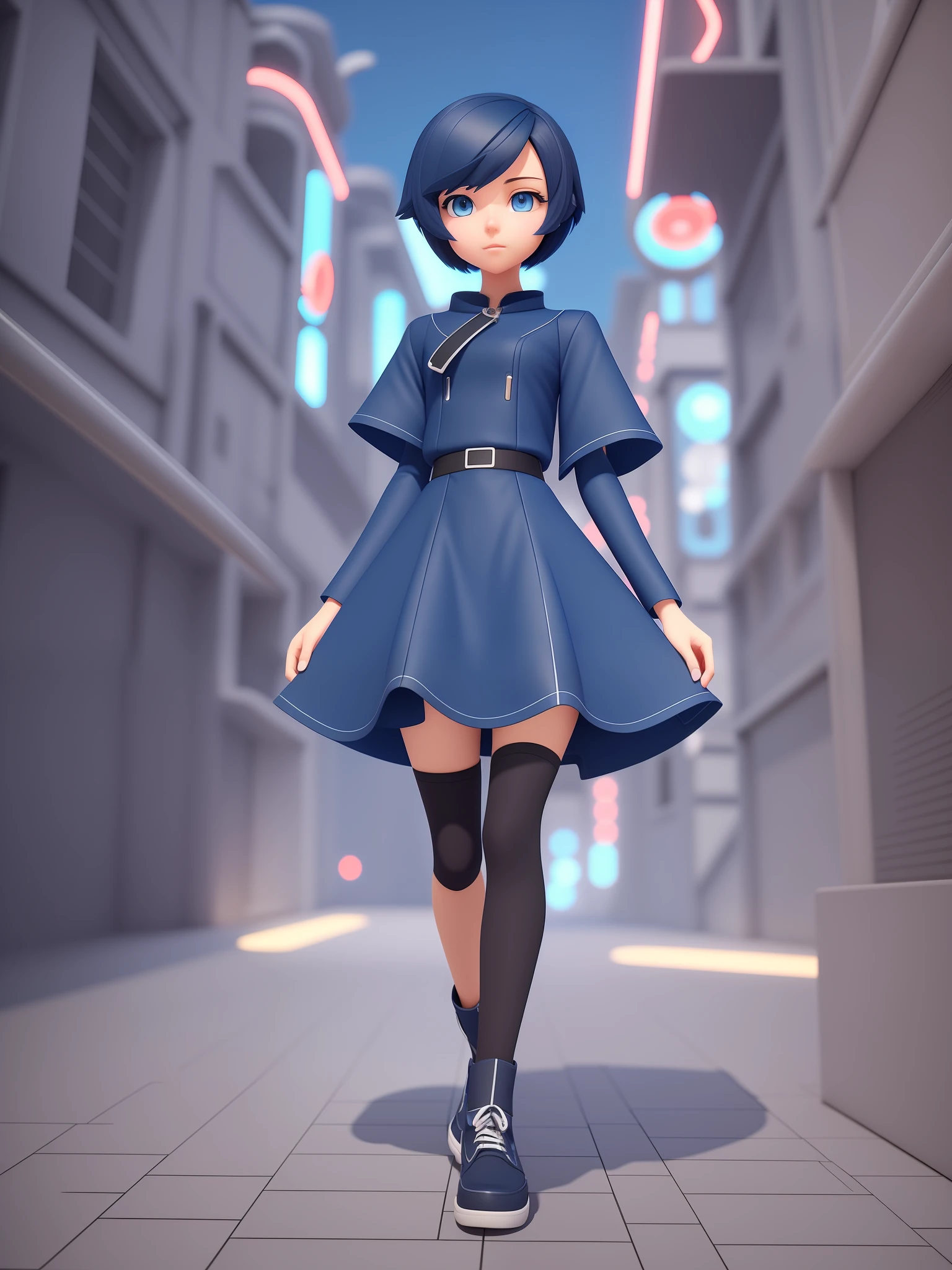 Young girl, a cartoon character light dark blue clothing, (short hair and dark blue), stylized character, animation character, stylized 3d render, 3d character, highly detailed character, stylized anime, stylized 3d, render character, character model, full body, maximum quality, coast view