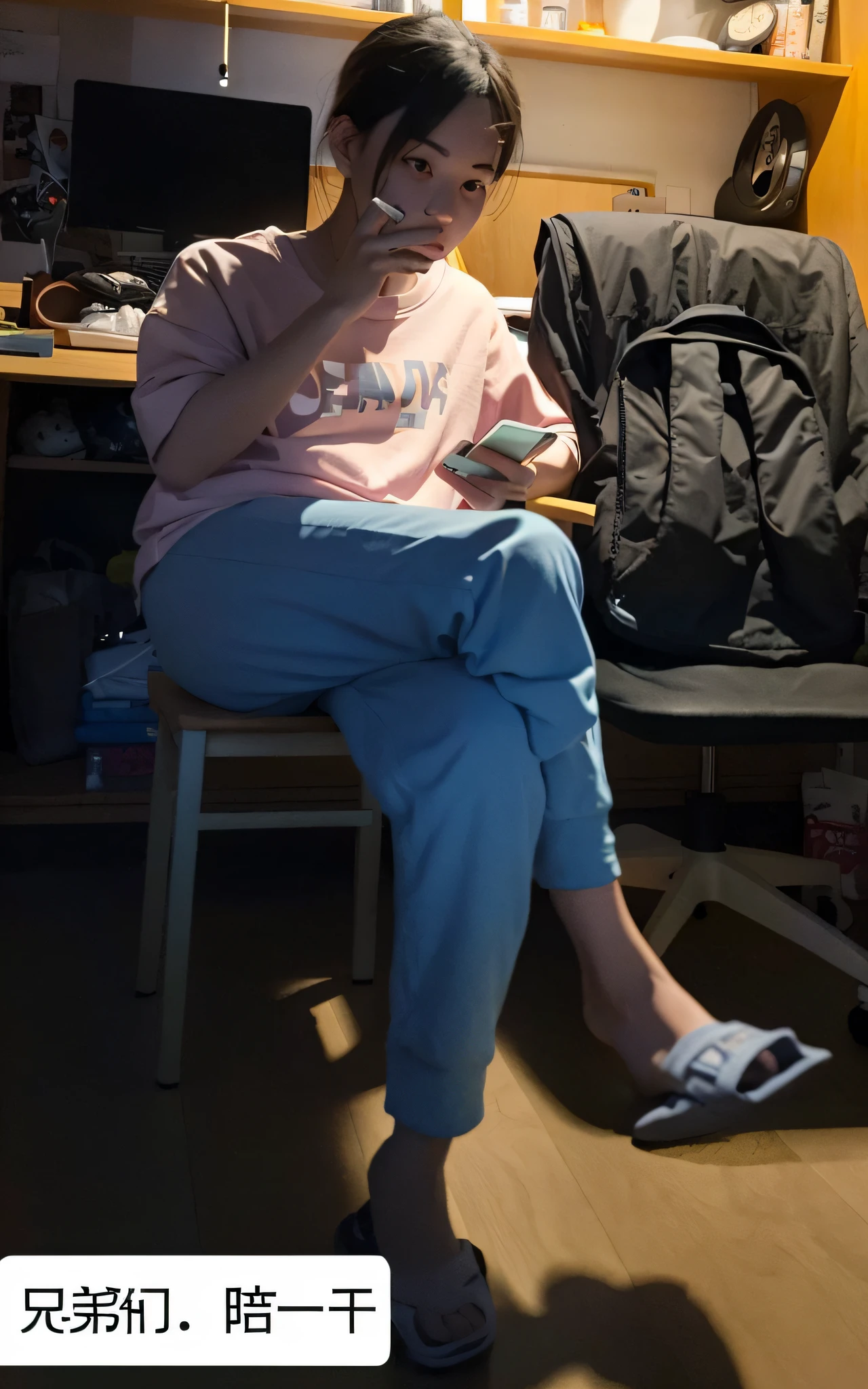 there is a woman sitting on a chair talking on a cell phone, sitting on a table, her foot sticking out, sitting in her room, sitting on a lab table, wearing pink flip flops, sitting on a bed, sitting on the bed, wearing nike air mags, sitting on a stool, sitting on a store shelf, very very low quality picture, checking her phone