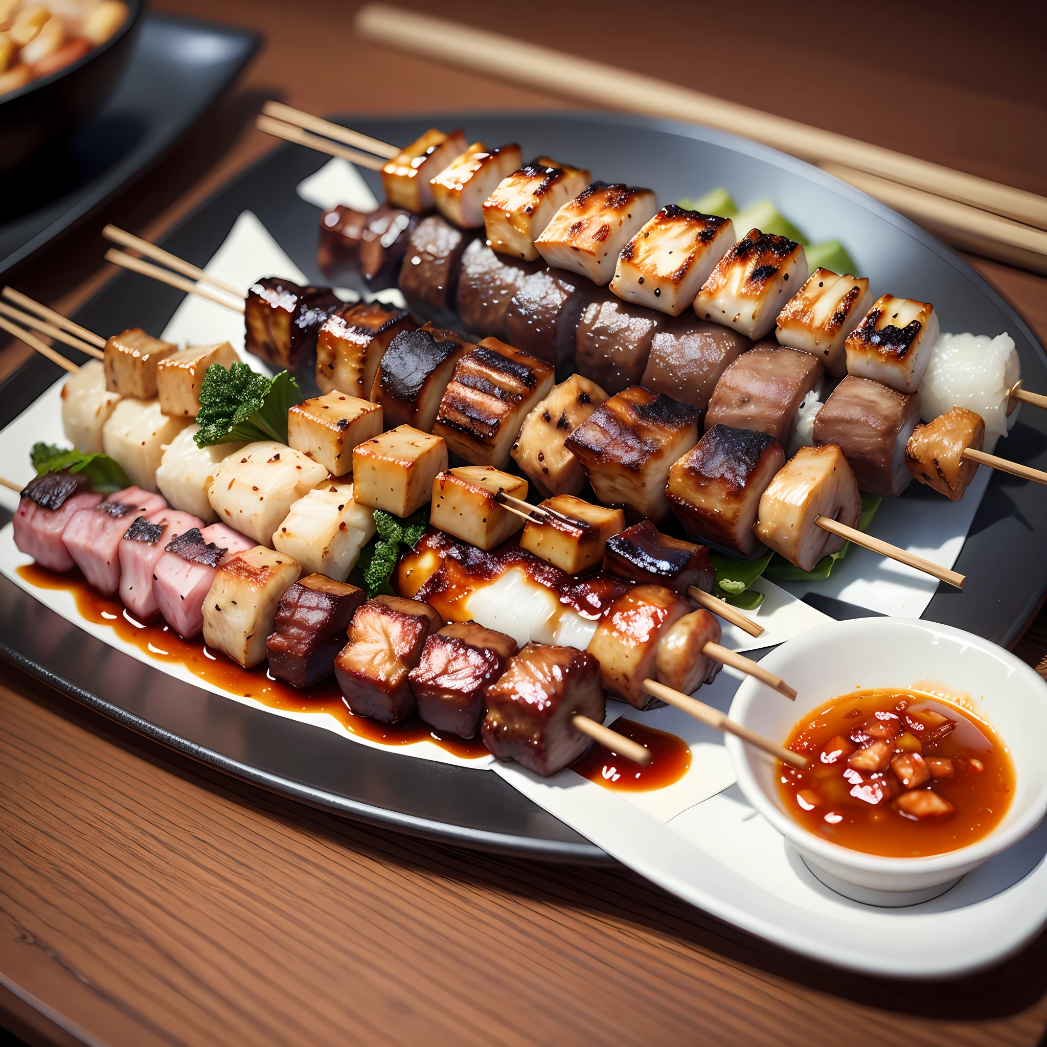 (realistic)+, (masterpiece)1.3, (photograph)++, Taken by a professional photographer,(yakitori)1.4, yakitori on a plate,Platter of yakitori dishes,Negima, liver, skin,skewered chicken grilled, yakitori,(steam)1.2,smoke,warm,