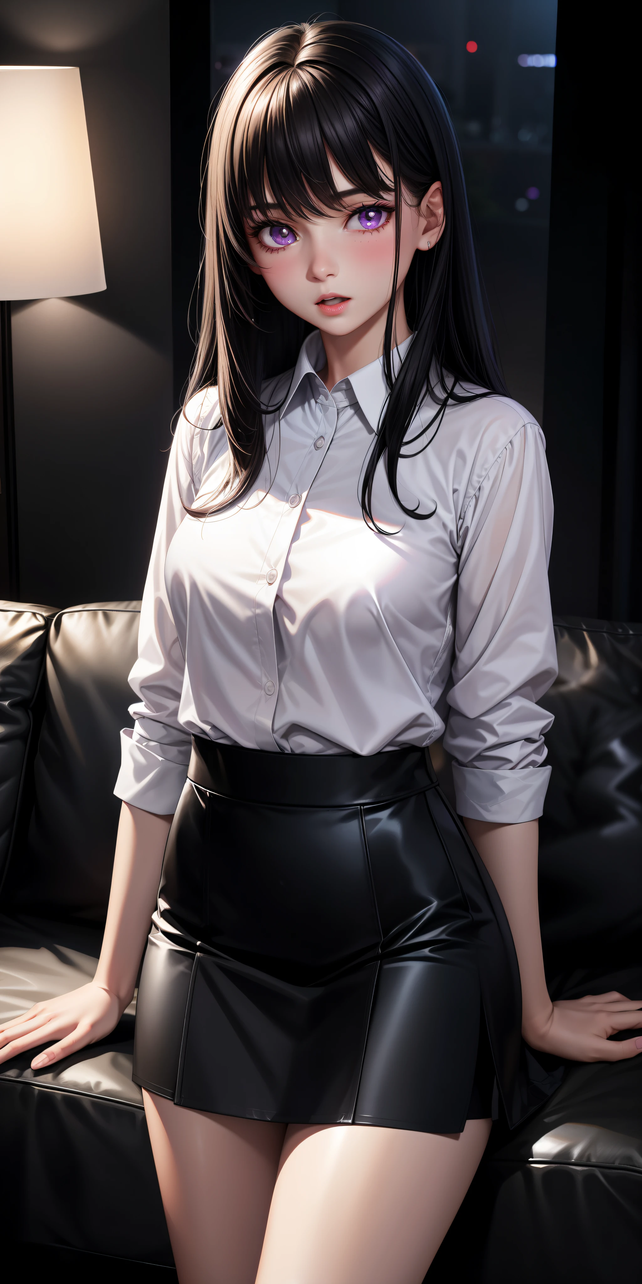 Realistic, 1girl, black hair, purple eyes, glowing eyes, white shirt, skirt, open mouth, blush, living room, sofa, night, very detailed