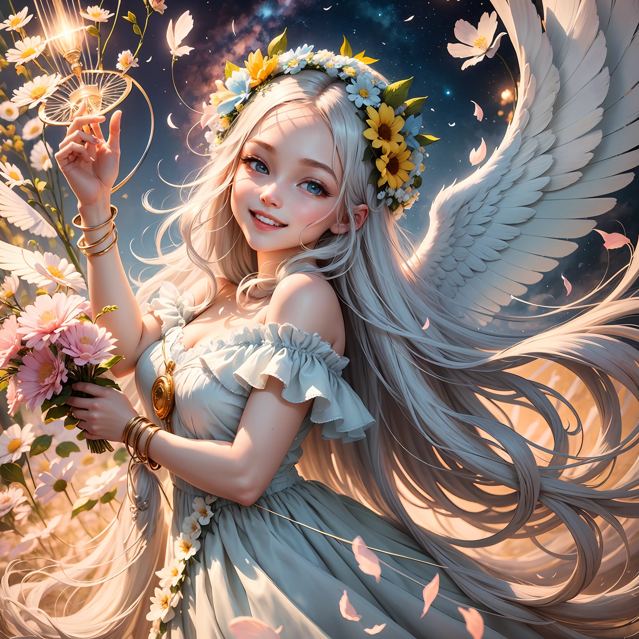 Soft contours and curves, pale color palette, soft light and shadow effects, angel wrapped in gentle light, face smiling with wide open mouth, pale blue friendly cute dress, gentle orange sky, overflowing energy and aura, angel standing among colorful flowers, colorful petals fluttering in the wind, Around the angel are the symbols of life and joy, silver wings, a glowing headpiece, an angel harp,