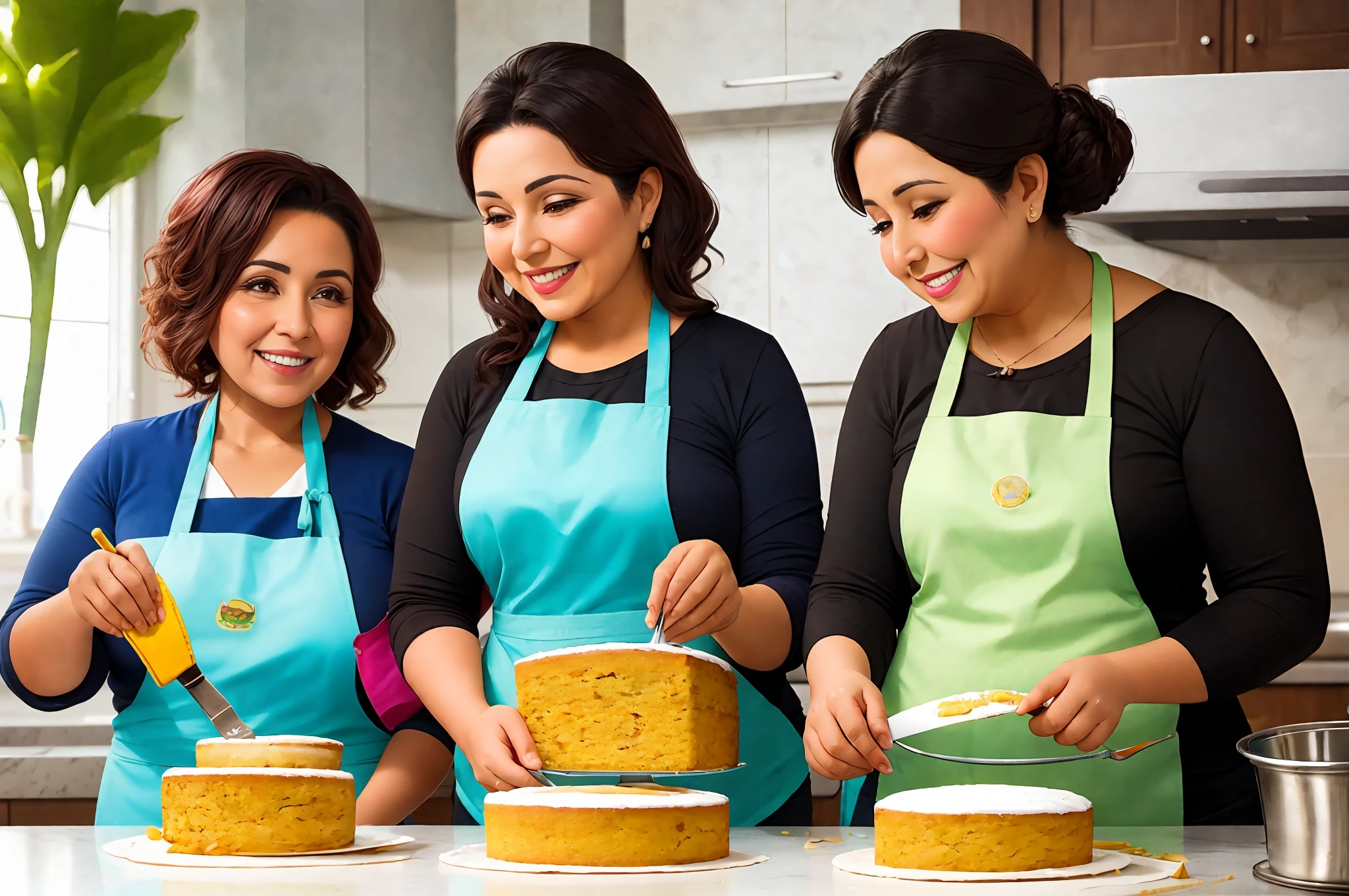 Two happy adult Mexican women learning how to make a beautiful banana cake