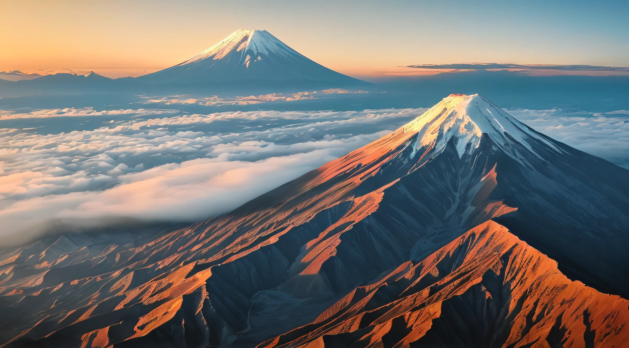 photography,realistic,masterpiece,award-winning,most stunning,((mountain Fuji in the morning)),8k,extremely detailed,vivid color,((top view))