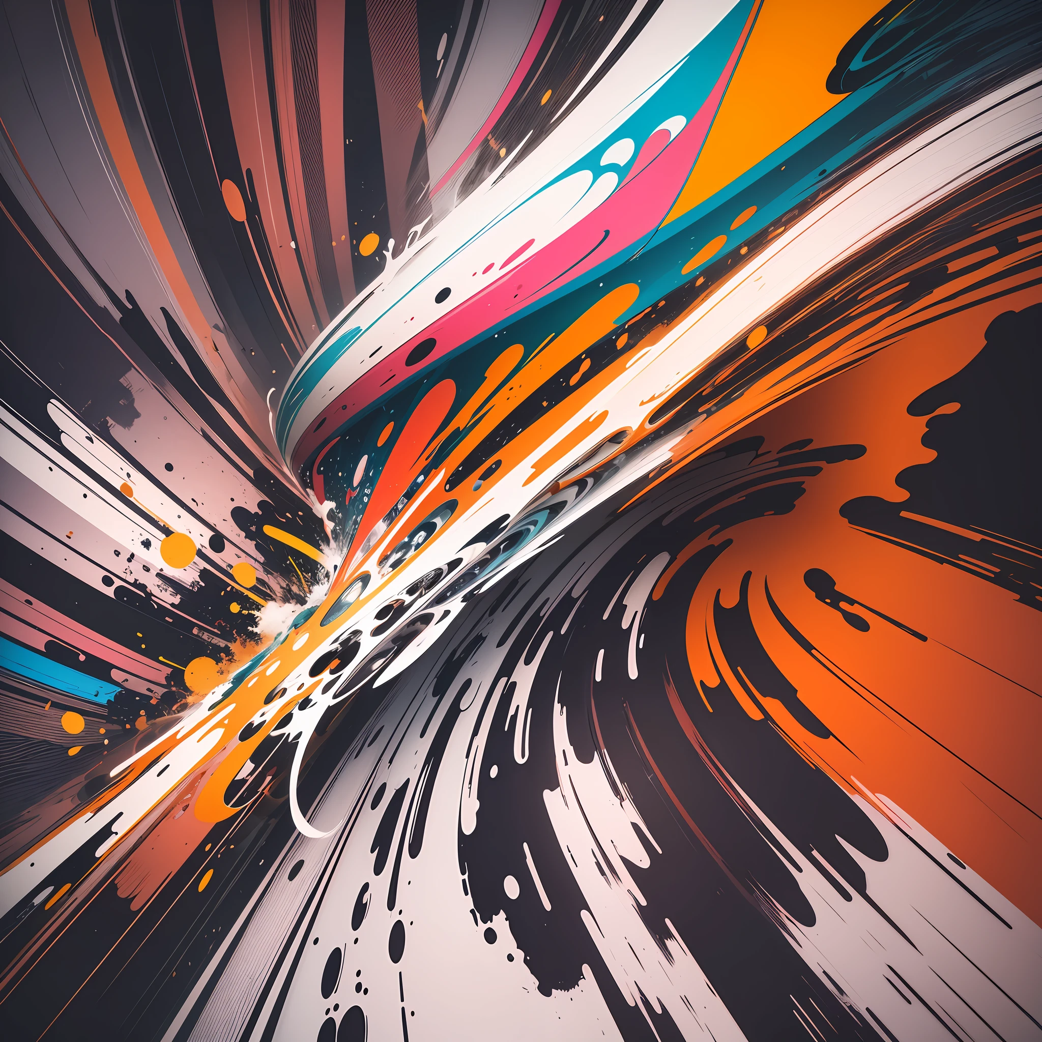 An explosion of colors and abstract shapes make up this vibrant and enigmatic image. The straight and curved lines intertwine in a game of contrasts, creating a sense of movement and dynamism. The dark background further enhances the intensity of the colors, which vary between warm and cold tones. This abstract image is perfect for bringing your desktop to life, bringing a touch of art and originality to your everyday life. --auto --s2