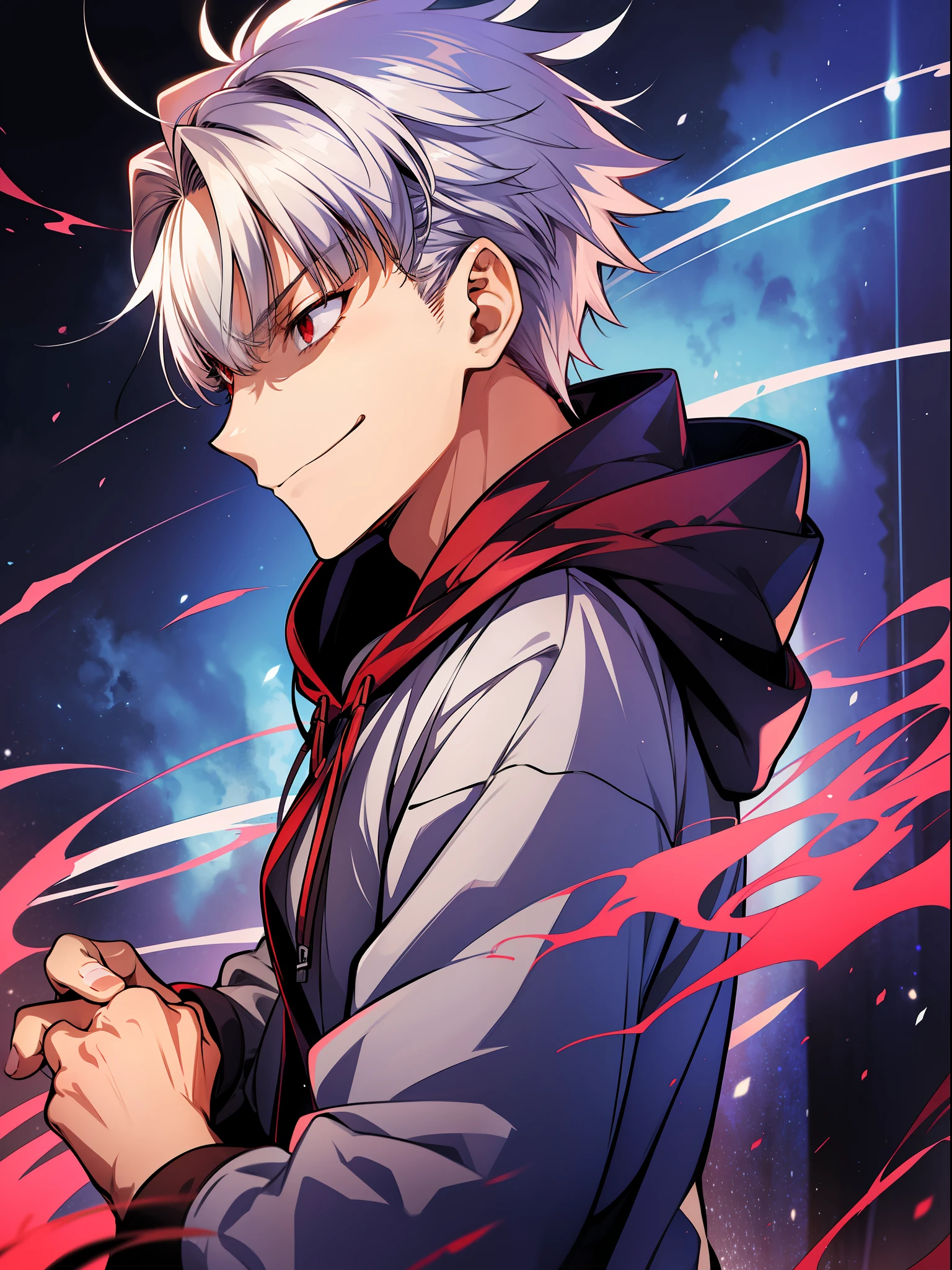 solo, ((male with silver hair wearing hoodie)), (blunted bangs), (red eyes), (smirk), ((high quality)), (extremely detailed), fate stay night, inspired by takeuchi takahasi