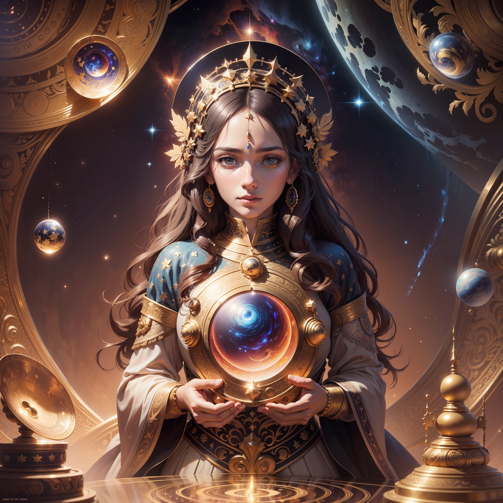 Artwork, surrealism, highly detailed, intricate details, oil painting, best quality, cosmic, starry, a woman holding a two-plate scale, pound sign concept, golden ratio, beautiful, cosmic concept, 8k, cinematic light, starry background, vibrant colors, UHD, by Greg Rutkowski