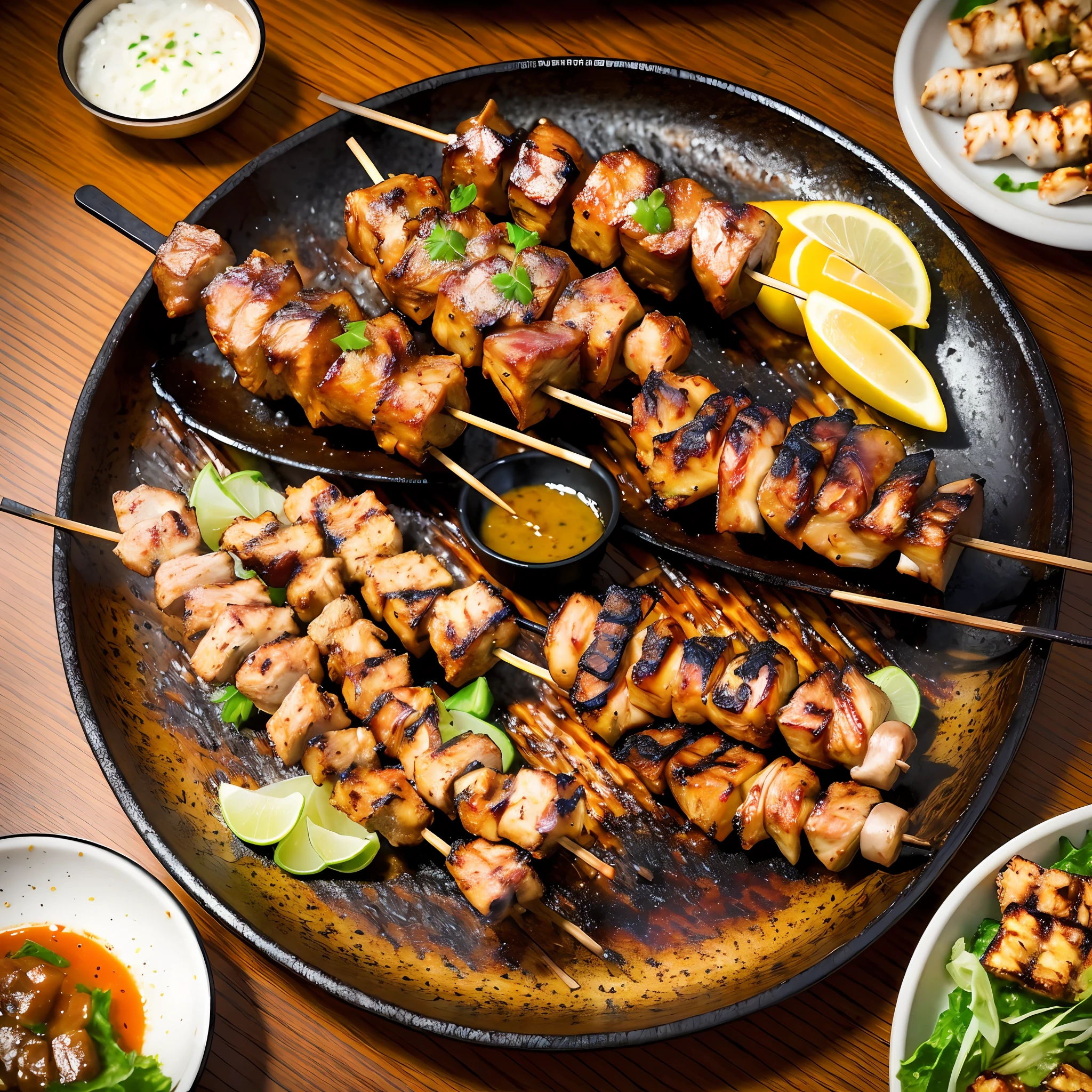 (realistic)+, (masterpiece)1.3, (photograph)++, Taken by a professional photographer,(yakitori)1.4, yakitori on a plate,Platter of yakitori dishes,Negima, liver, skin,skewered chicken grilled, yakitori,(steam)1.2,smoke,warm,