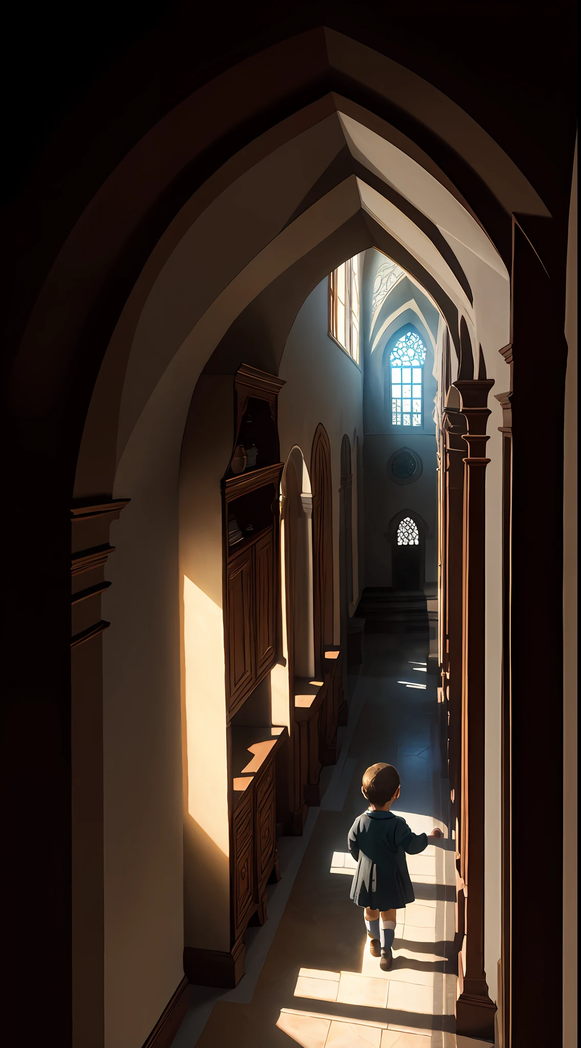An ultra-detailed masterpiece, high resolution hiding place, with best illumination and shadow. A delicate and beautiful scene a kid playing hide and seek with a hidden space and intricate details. Deep shadows and warm sunlight create a contrast, with a focus on details that gradually come into view.