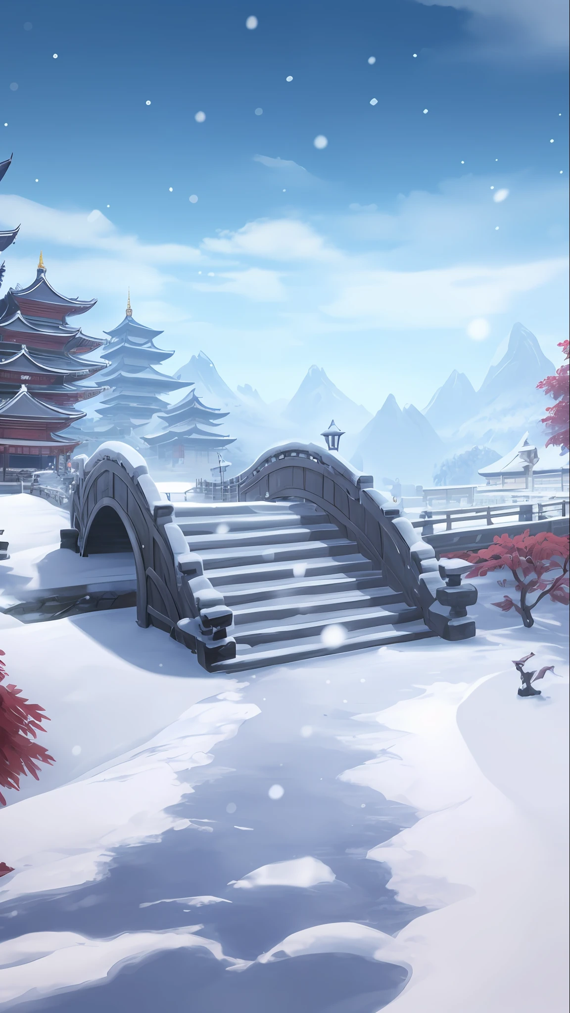snowy landscape with a bridge and a pagoda in the background, winter concept art, background artwork, snowy environment, background art, onmyoji detailed art, mobile game background, game background, snow landscape background, snowy background, scenery artwork, 2 d game environment design, stylized concept art, detailed scenery —width 672, beautiful winter area