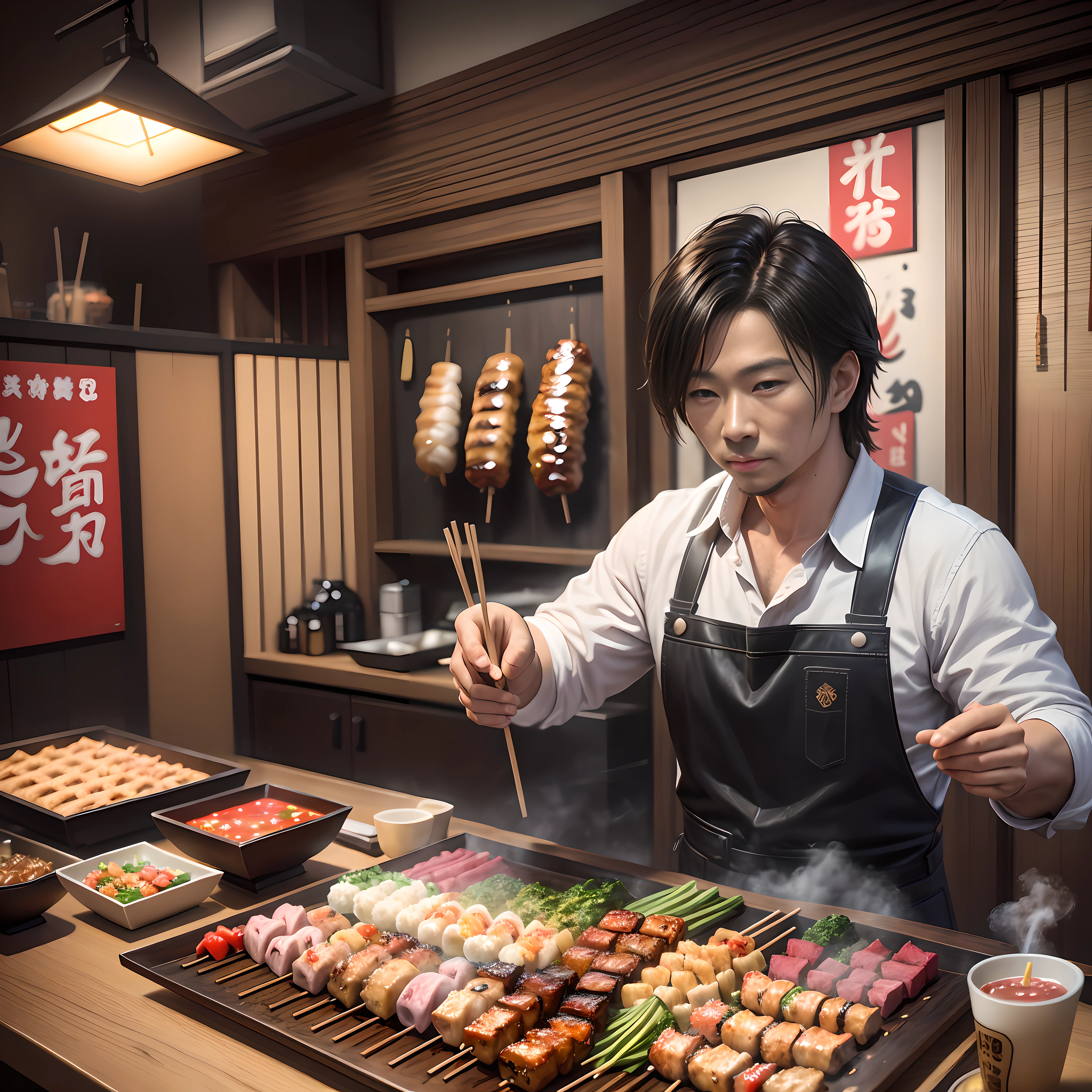 (realistic)+, (masterpiece)1.3, (photograph)++, Taken by a professional photographer,(yakitori)1.4, yakitori on a plate,Platter of yakitori dishes,Negima, liver, skin,skewered chicken grilled, yakitori,(steam)1.2,smoke,warm,