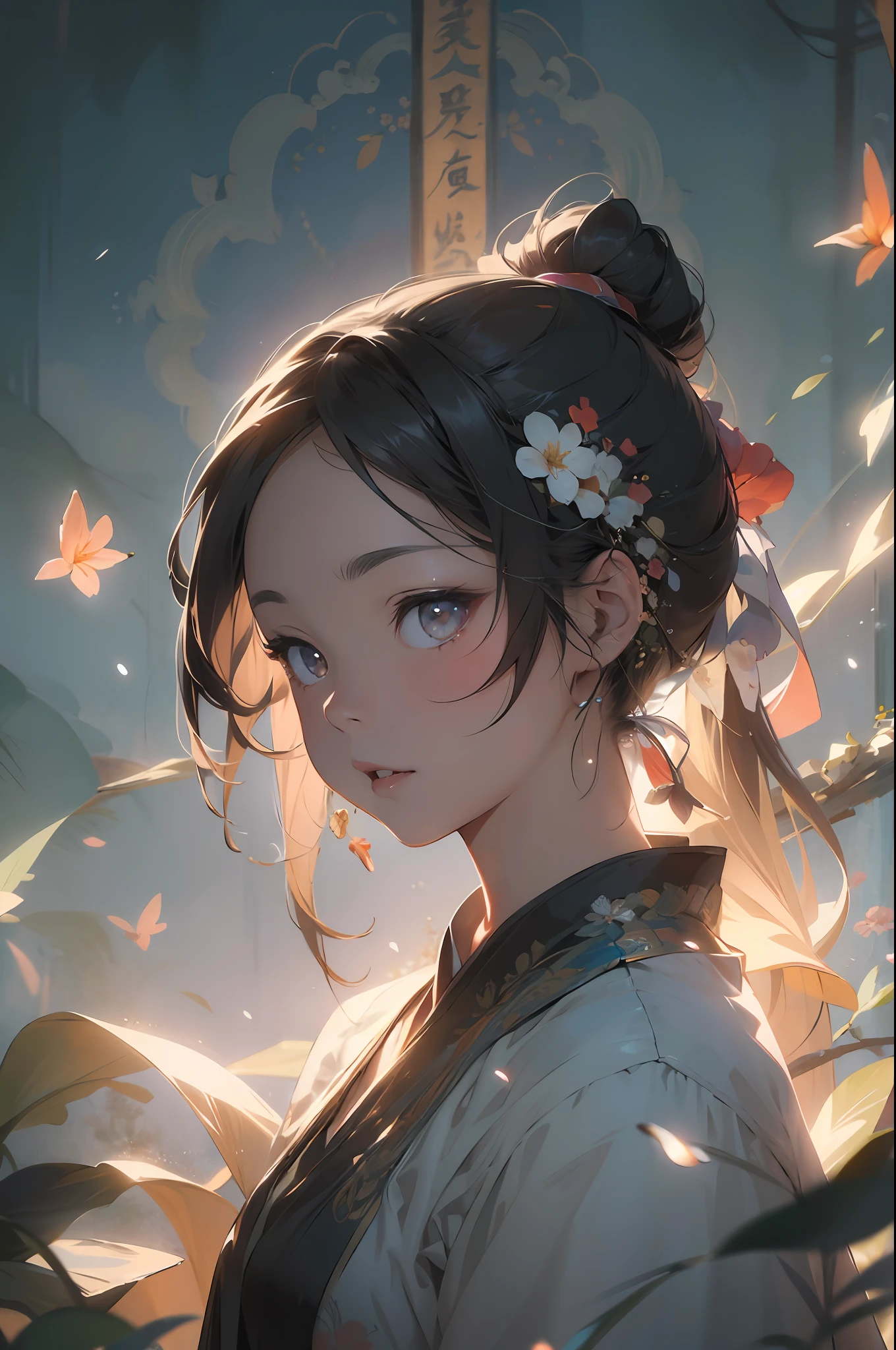 Masterpiece, high quality, highly detailed, (pixiv:1.4), Gongbi painting of the Song Dynasty, 1girl, solo, (detailed background, flowers), long black hair, floating hair, glowing,
cinematic lighting, vivid color, beautifully drawn,