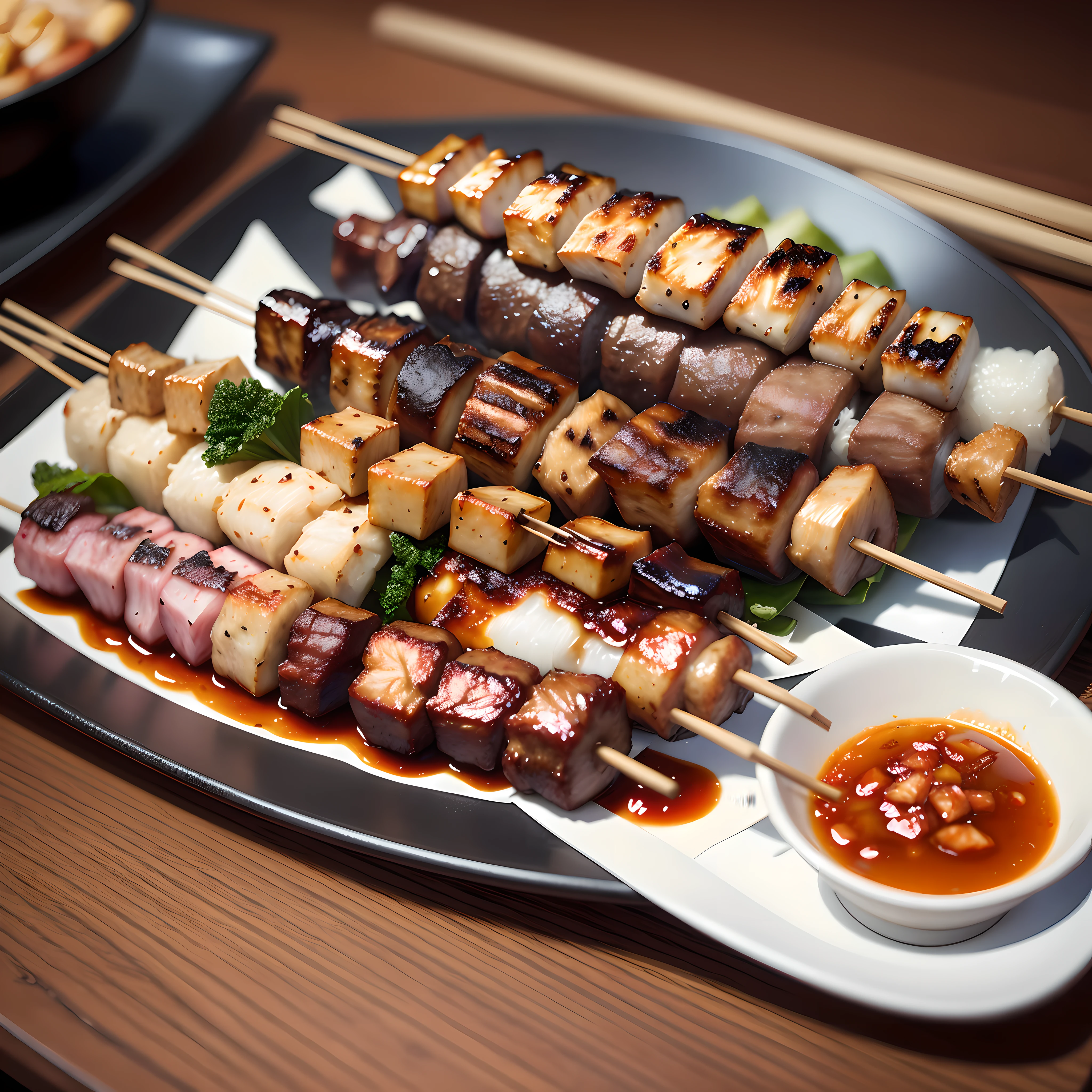 (realistic)+, (masterpiece)1.3, (photograph)++, Taken by a professional photographer,(yakitori)1.4, yakitori on a plate,Platter of yakitori dishes,Negima, liver, skin,skewered chicken grilled, yakitori,(steam)1.2,smoke,warm,