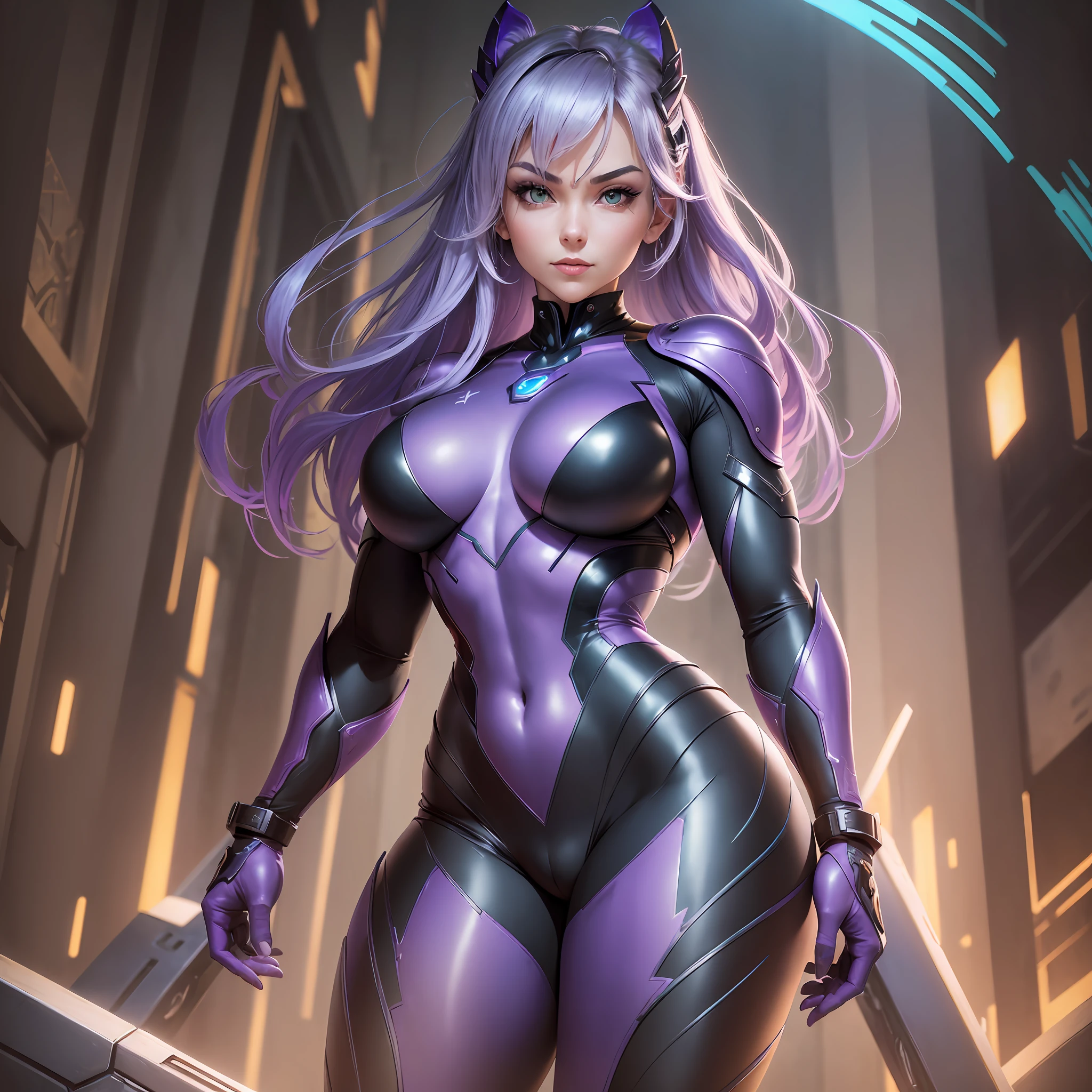 [full-body image, standing:1.4], 1Laura/Mulhe, she has (large breasts:1.3), {is wearing silver costume with red/futuristic Ultraman-style parts/blue jewelry in the center of the breastplate}. She is inside an alien spaceship with various machinery. She has [hair,short,slick,purple:1.5], [green eyes:1.5], looking at viewer, evil smile, (exhibitionist pose:1.5), (costume/extremely tight on body:1.5), Anime style, Mortal Kombat, 16k, highres, UHD, masterpiece, anatomically correct --auto --s2