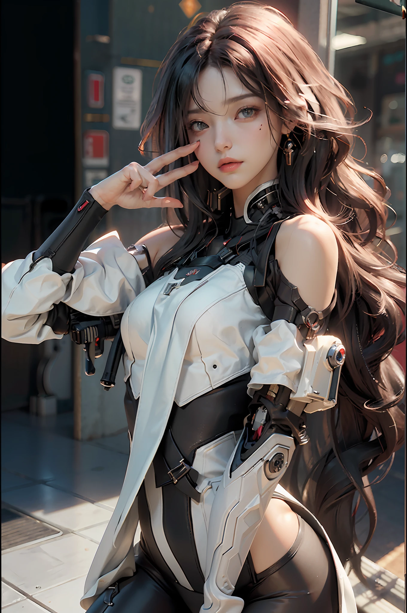 ((Best Quality)), ((Masterpiece)), (Detail: 1.4), 3D, Cyberpunk, (Square)), Bust, Perfect Face, ((Face Close-up)), Perfect Fingers, Perfect Figure, A Beautiful Cyberpunk Female Image Facing Up, (Standing), (Upright), Action Pose, ((High Detail Skin)), (Small Chest: 1.3), Collar, Tight Clothing, (Firearms), On the Battlefield, HDR (High Dynamic Range), Ray Tracing, NVIDIA RTX, Super-Resolution, Unreal 5, Subsurface Scattering, PBR Textures, Post-processing, Anisotropic Filtering, Depth of Field, Maximum Sharpness and Sharpness, Multi-layer Textures, Albedo and Highlight Mapping, Surface Shading, Accurate Simulation of Light-Material Interactions, Perfect Proportions, Octane Render, Bicolor Light, Large Aperture, Low ISO, White Balance, Rule of Thirds, 8K RAW,