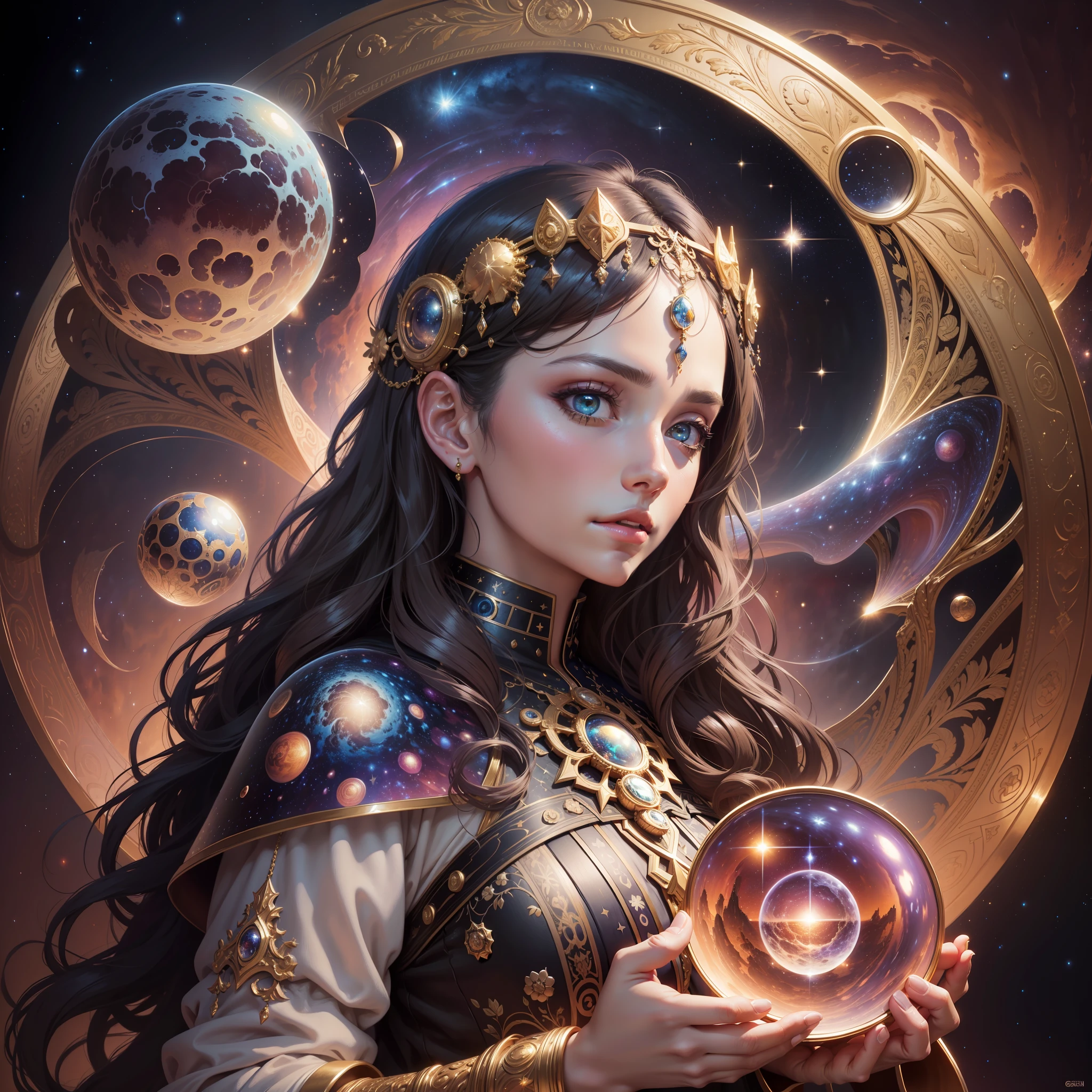 Artwork, surrealism, highly detailed, intricate details, oil painting, best quality, cosmic, starry, a woman holding a two-plate scale, pound sign concept, golden ratio, beautiful, cosmic concept, 8k, cinematic light, starry background, vibrant colors, UHD, by Greg Rutkowski