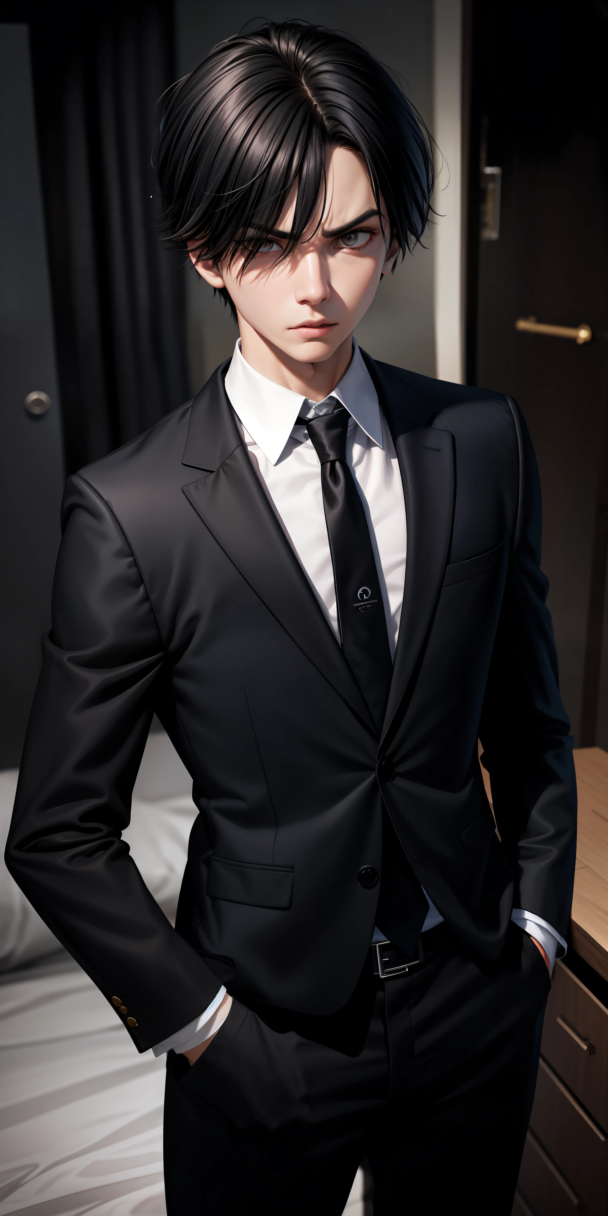 Realistic, 1boy, black hair, black eyes, glowing eyes, wearing a suit, untied tie, parted lips, angry, bedroom, night, very detailed