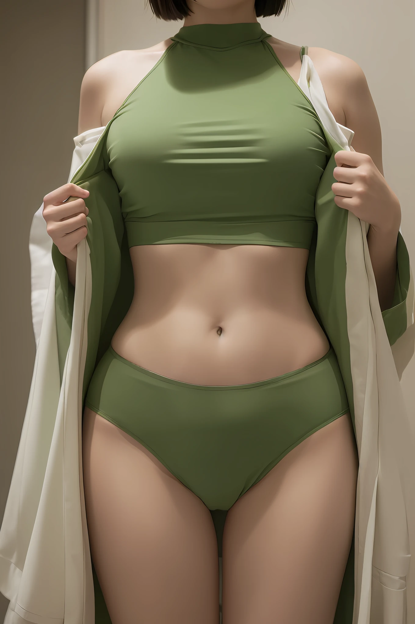Woman wearing a green colour panty only,inside changing room,korean woman, traditional Korean beauty