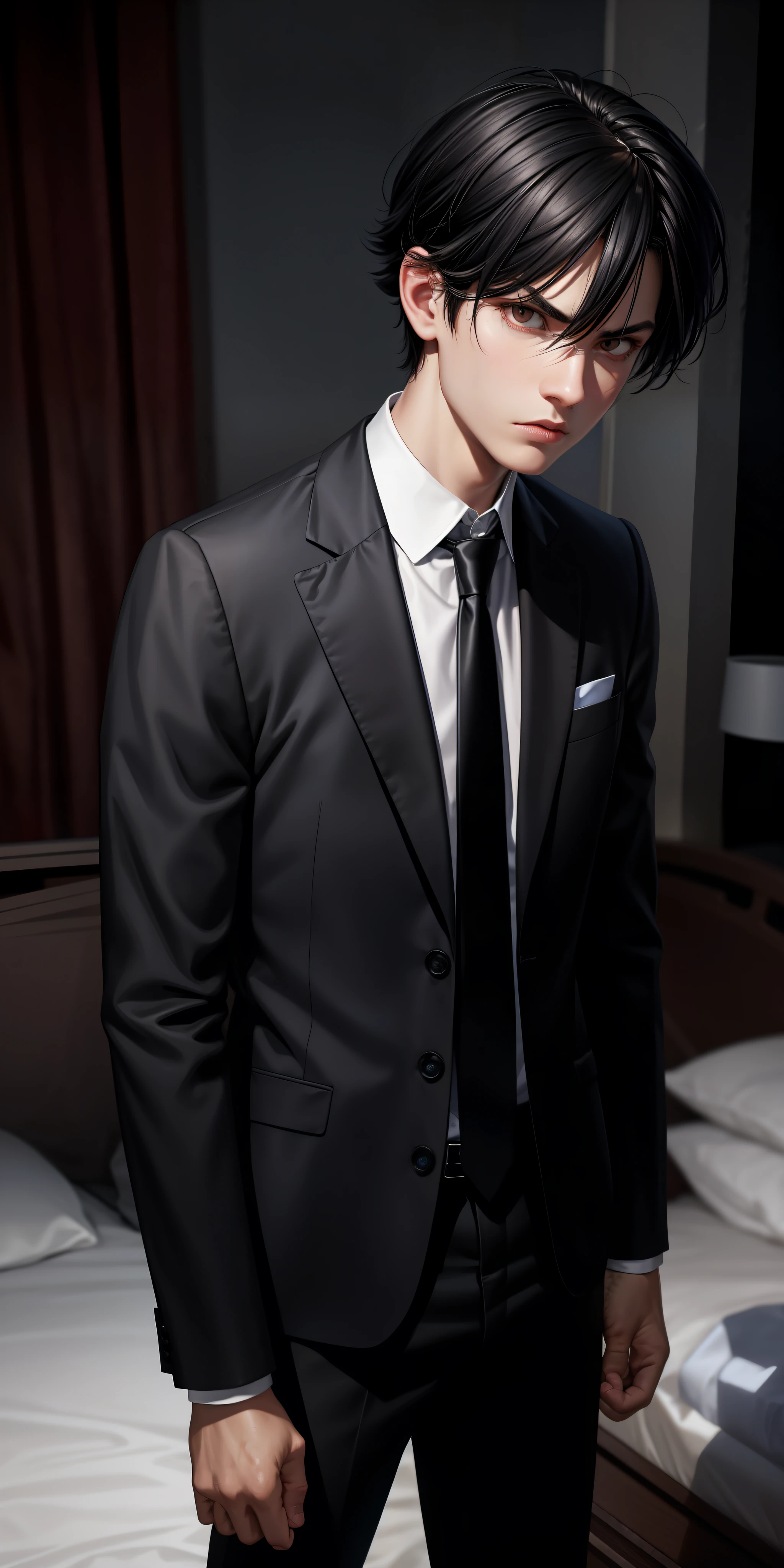 Realistic, 1boy, black hair, black eyes, glowing eyes, wearing a suit, untied tie, parted lips, angry, bedroom, night, very detailed