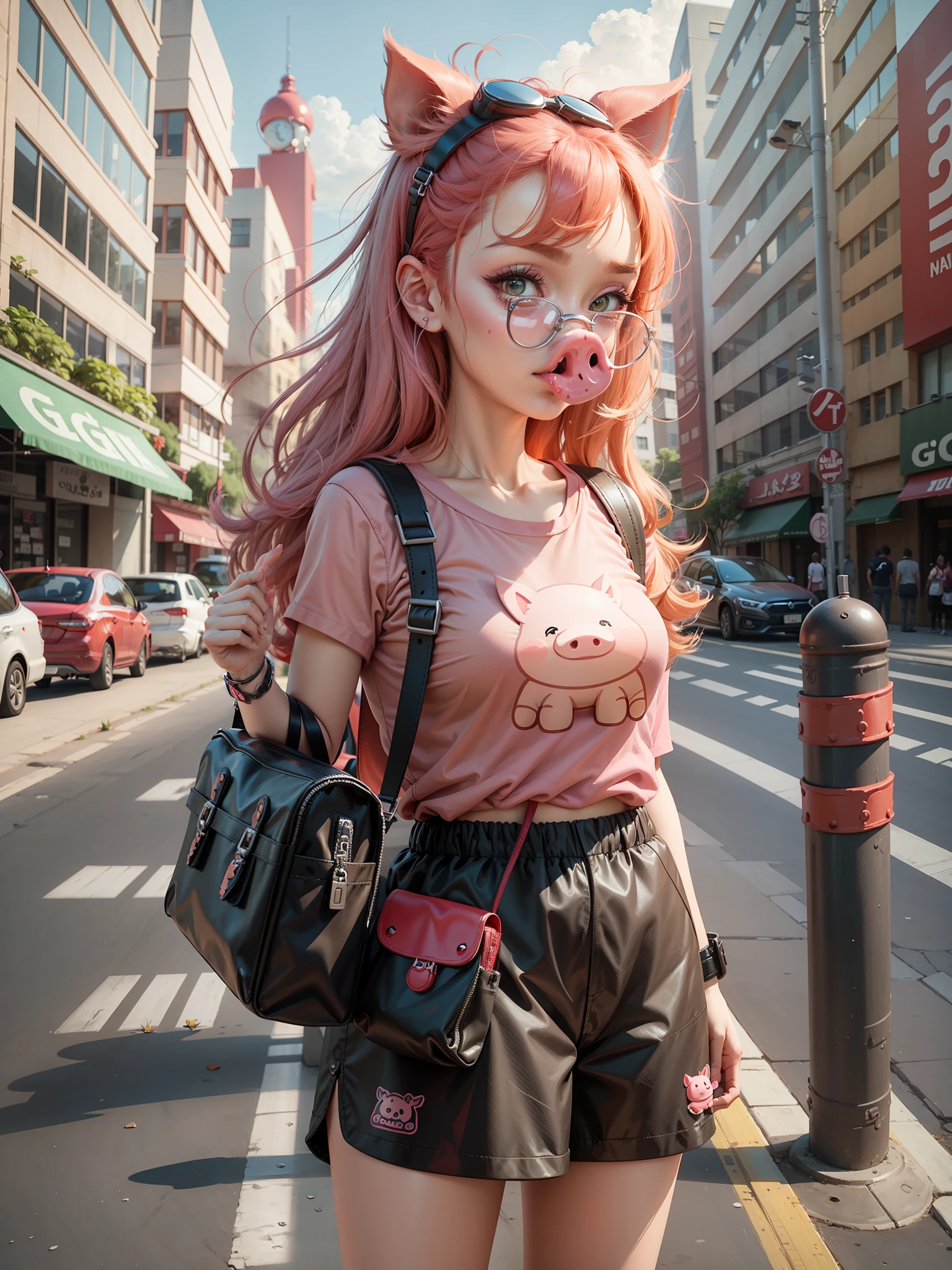 Pig Cartoon Style (GG Bond) pig nose, waist bag, red cartoon shirt --auto --s2