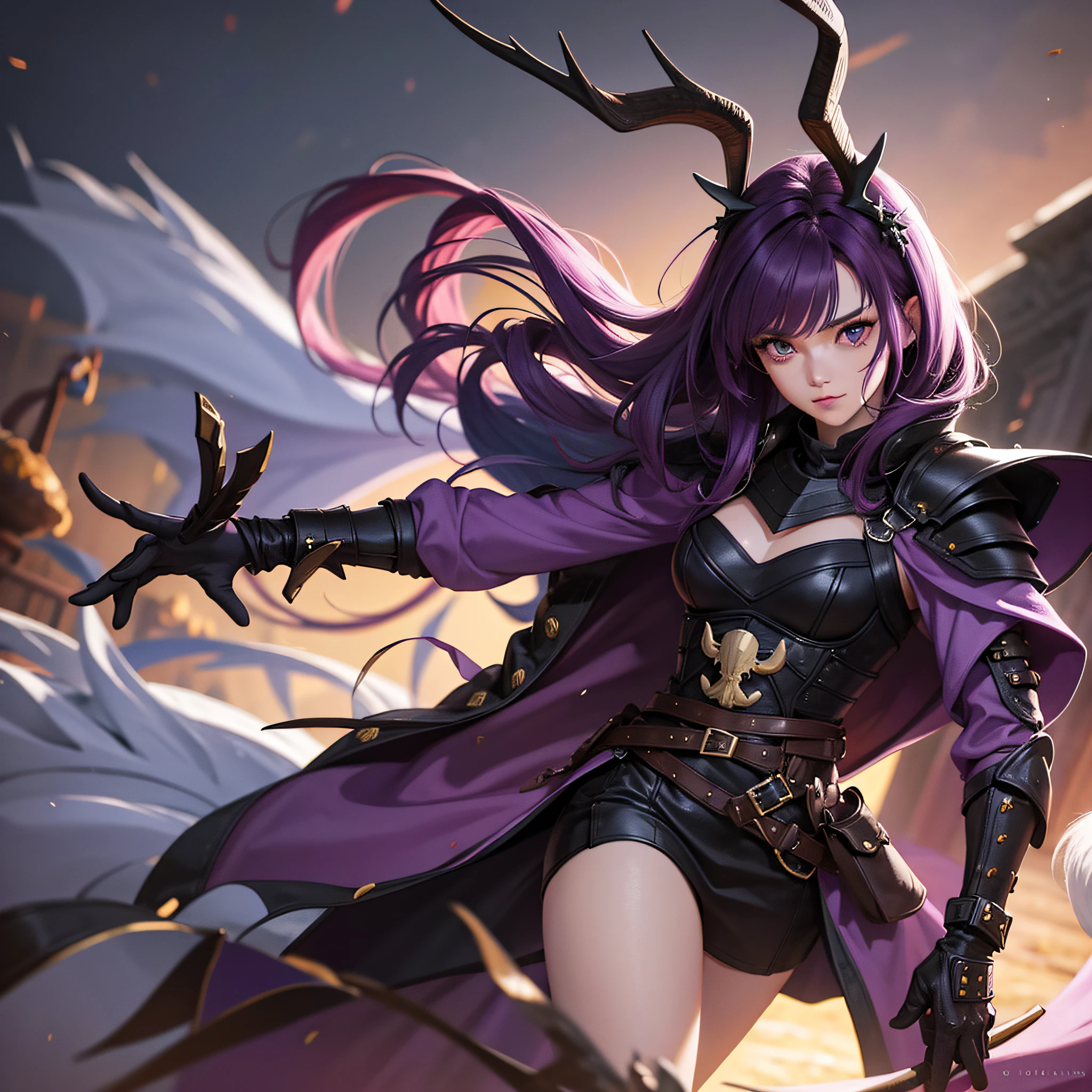 Knight Jackalope, short purple hair, jackalope antlers, dark armor(masterpiece, best quality)