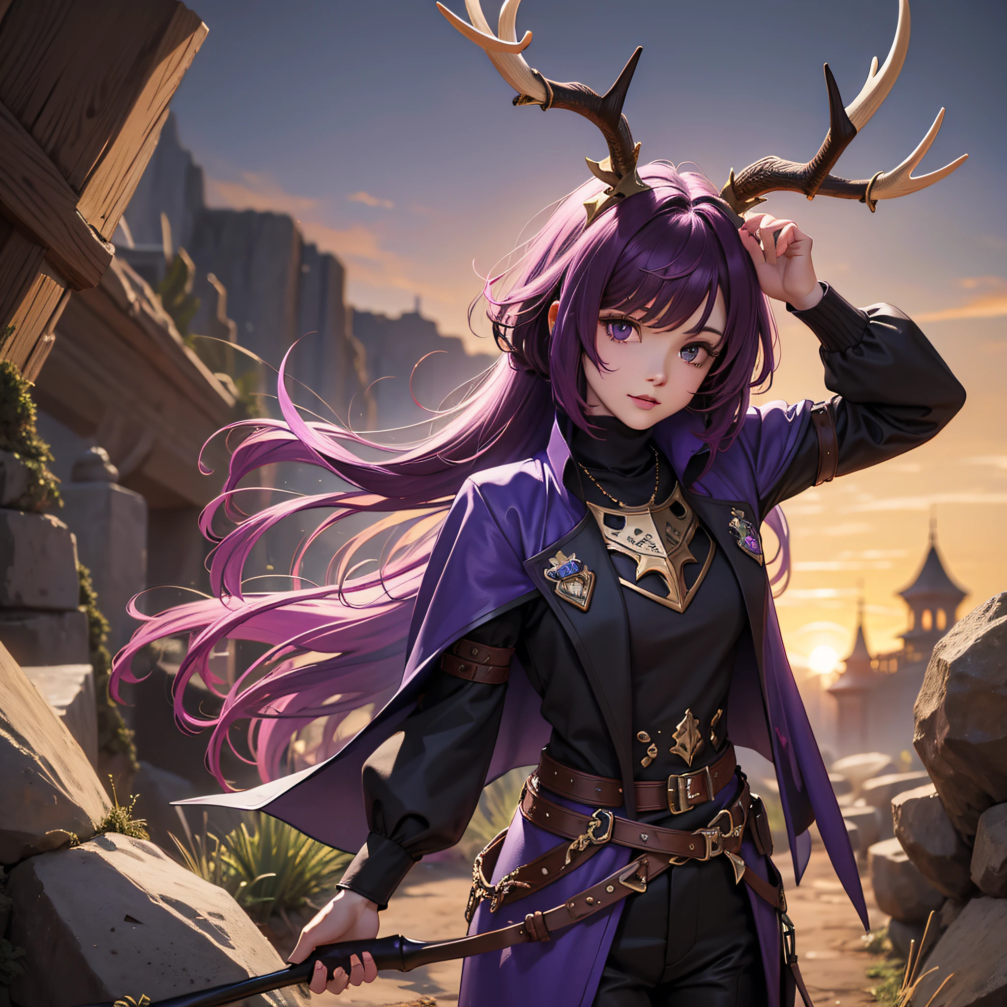 Knight Jackalope, short purple hair, jackalope antlers, dark armor(masterpiece, best quality)