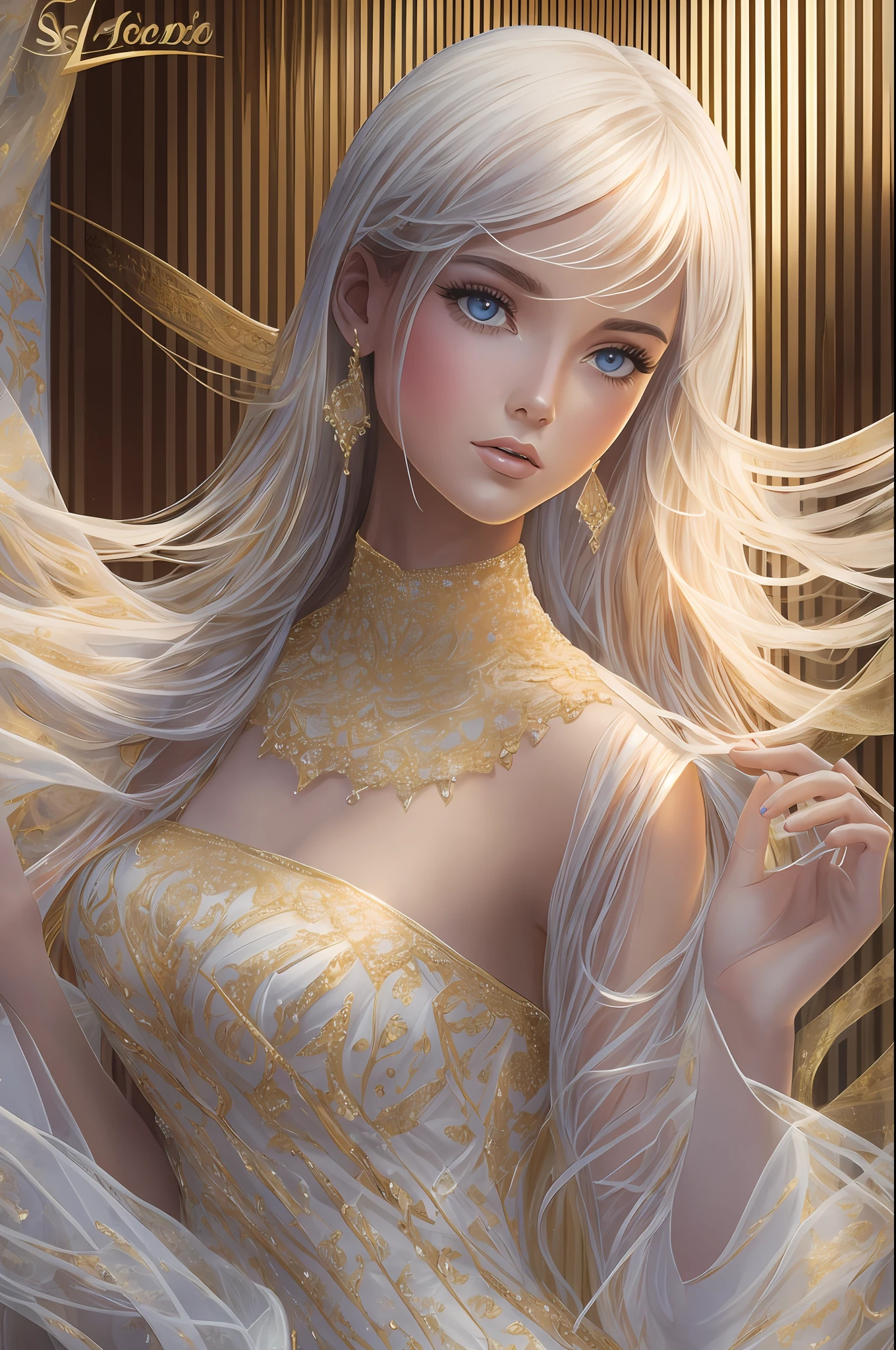 Top quality, masterpiece, 1 girl, beautiful face, (photo accuracy: 1.3), local illumination, (high definition skin: 1.2), 8k ultra high definition, multi-single computer, high quality, high definition, 8k,32k, white hair  maximum length :1.8,HD:1.8, Landscape, steampunk, Best proportional four fingers and one thumb, (Density: 1.3), Dazzlingly beautiful 1 girl, Wearing an ultra-short sheer organza dress with a deep neckline and a sexy neckline, Medium bust, Short  sleeve, high-definition: 1.9, stilettos are white, with gold patterns, high-definition: 1.9. --auto --s2