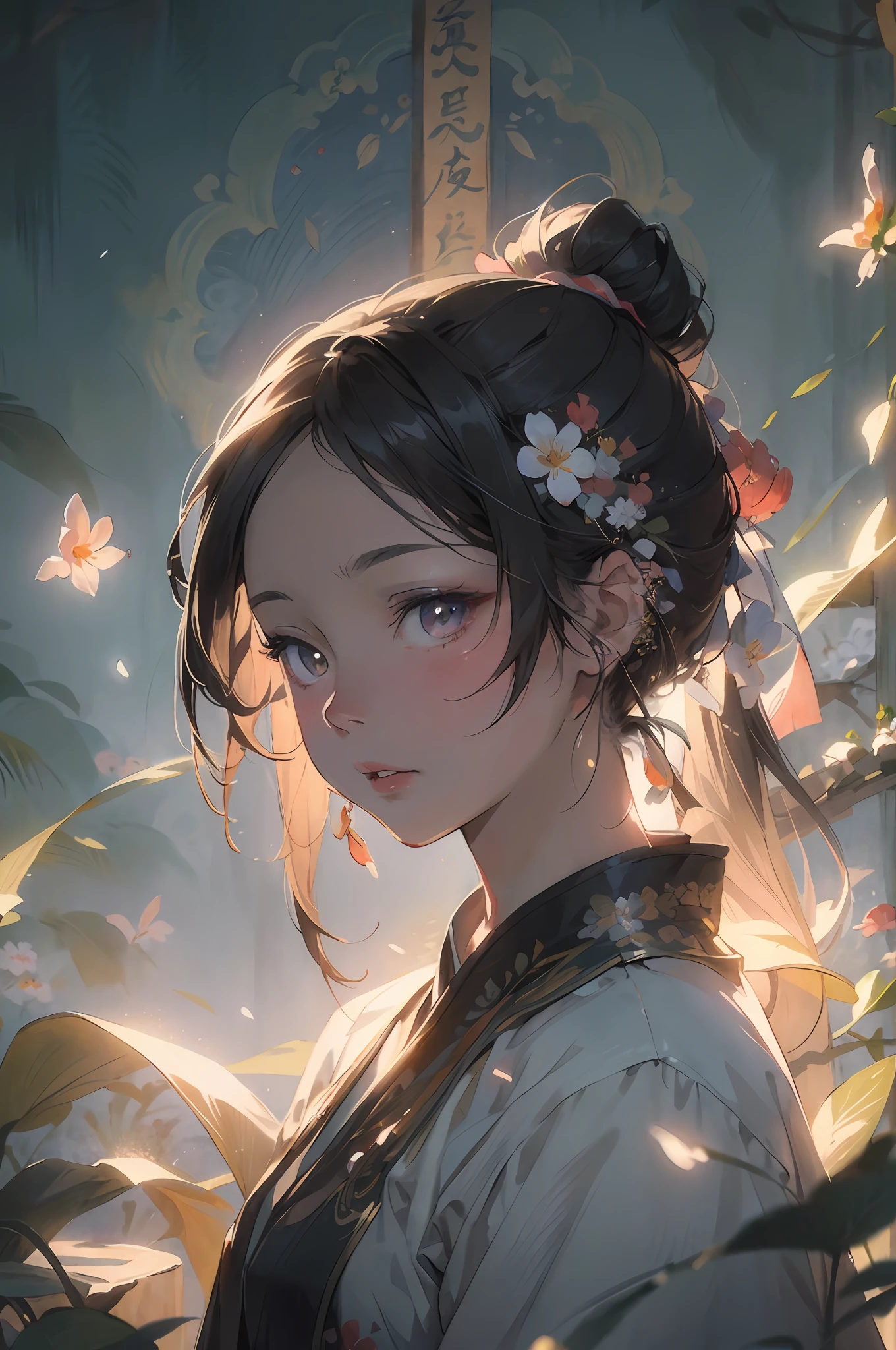 Masterpiece, high quality, highly detailed, (pixiv:1.4), Gongbi painting of the Song Dynasty, 1girl, solo, (detailed background, flowers), long black hair, floating hair, glowing,
cinematic lighting, vivid color, beautifully drawn,
