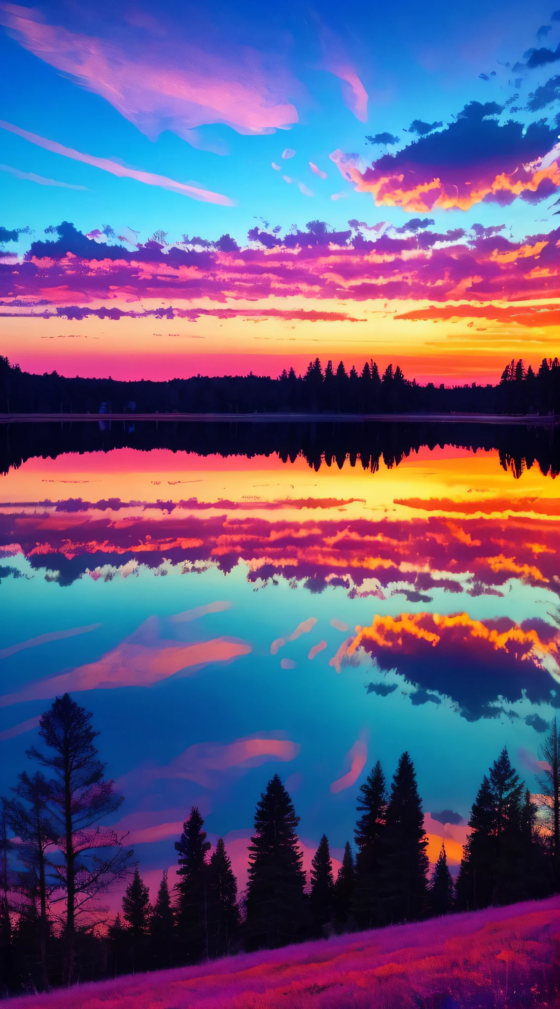 there is a beautiful sunset with a lake and trees in the background, colorful skies, surreal colors, colorful sunset, colorful sky, marvellous reflection of the sky, stunning sky, dream like atmosphere 8k, colorful clouds, colors reflecting on lake, surreal sky, red and blue reflections, fire reflection, beautiful sky, beautiful and spectacular dusk, beautiful dreamy landscape, amazing sky